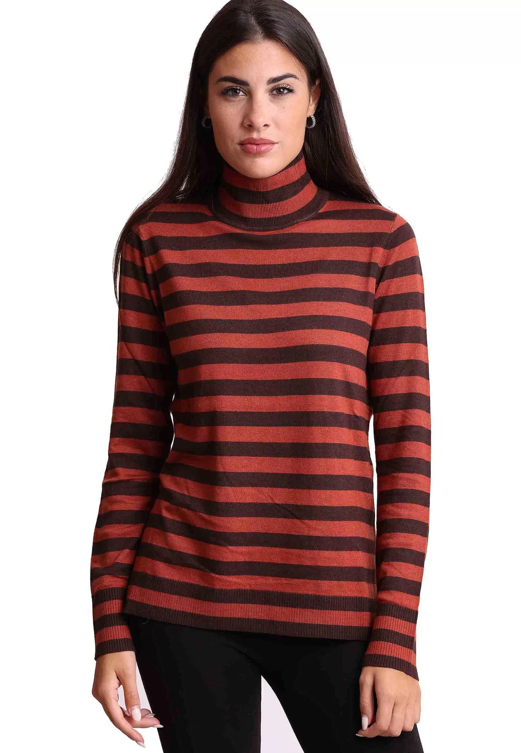 Maglia Donna Soft Touch In Lana Marrone E Arancio A Collo Alto*Maliparmi New
