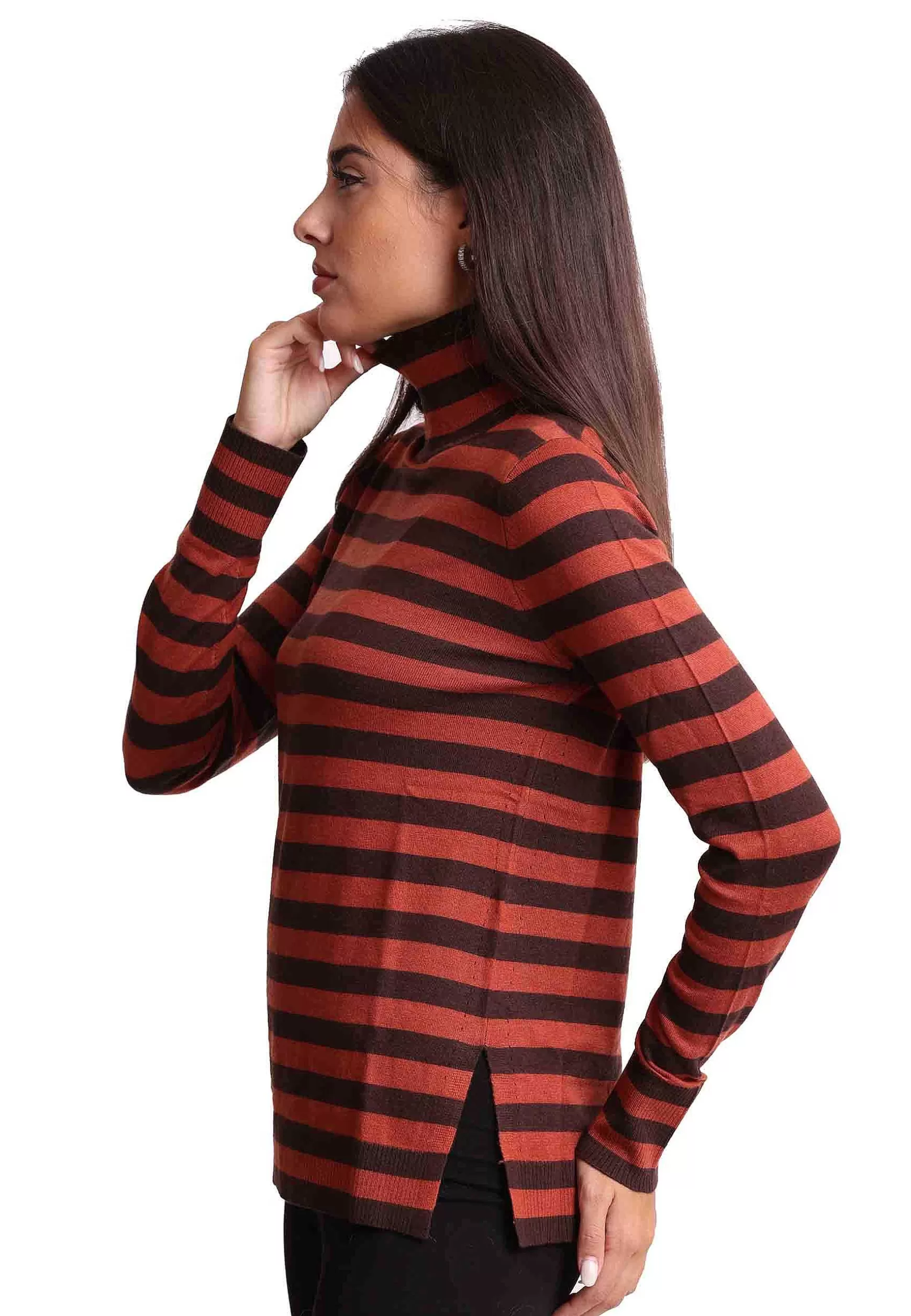 Maglia Donna Soft Touch In Lana Marrone E Arancio A Collo Alto*Maliparmi New