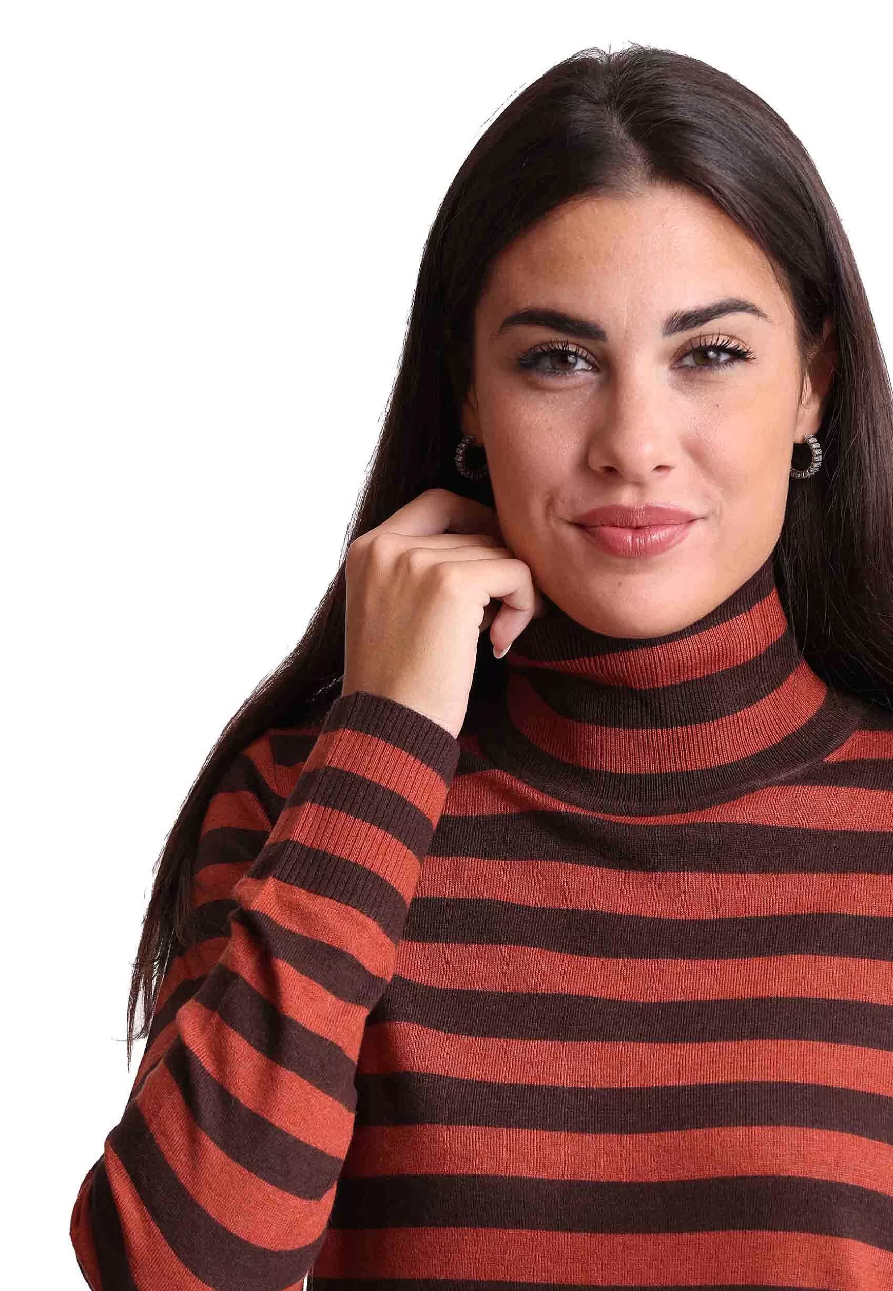 Maglia Donna Soft Touch In Lana Marrone E Arancio A Collo Alto*Maliparmi New