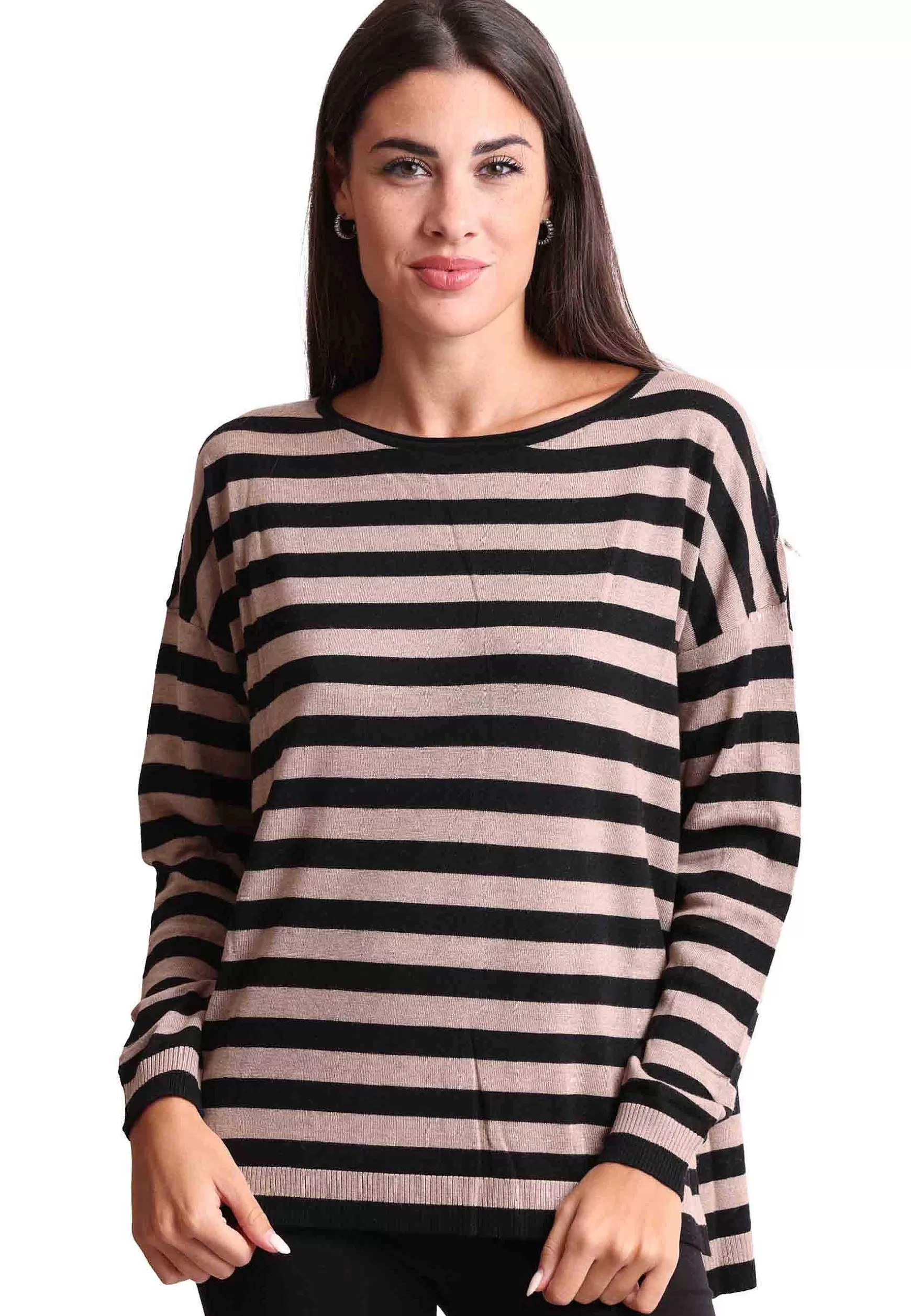 Maglia Donna Soft Touch In Misto Cachemire A Righe Nero E Grigio*Maliparmi Fashion