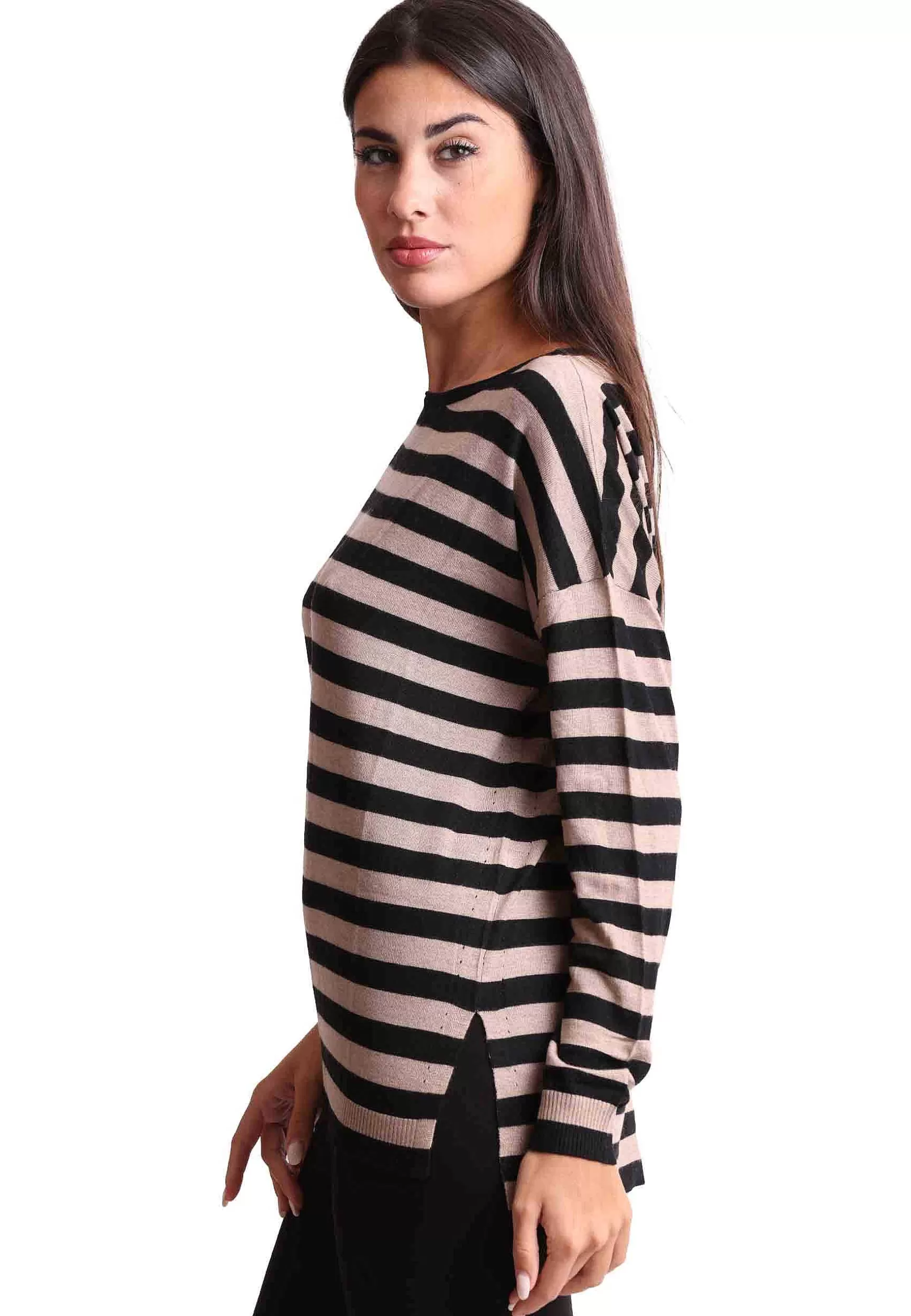 Maglia Donna Soft Touch In Misto Cachemire A Righe Nero E Grigio*Maliparmi Fashion
