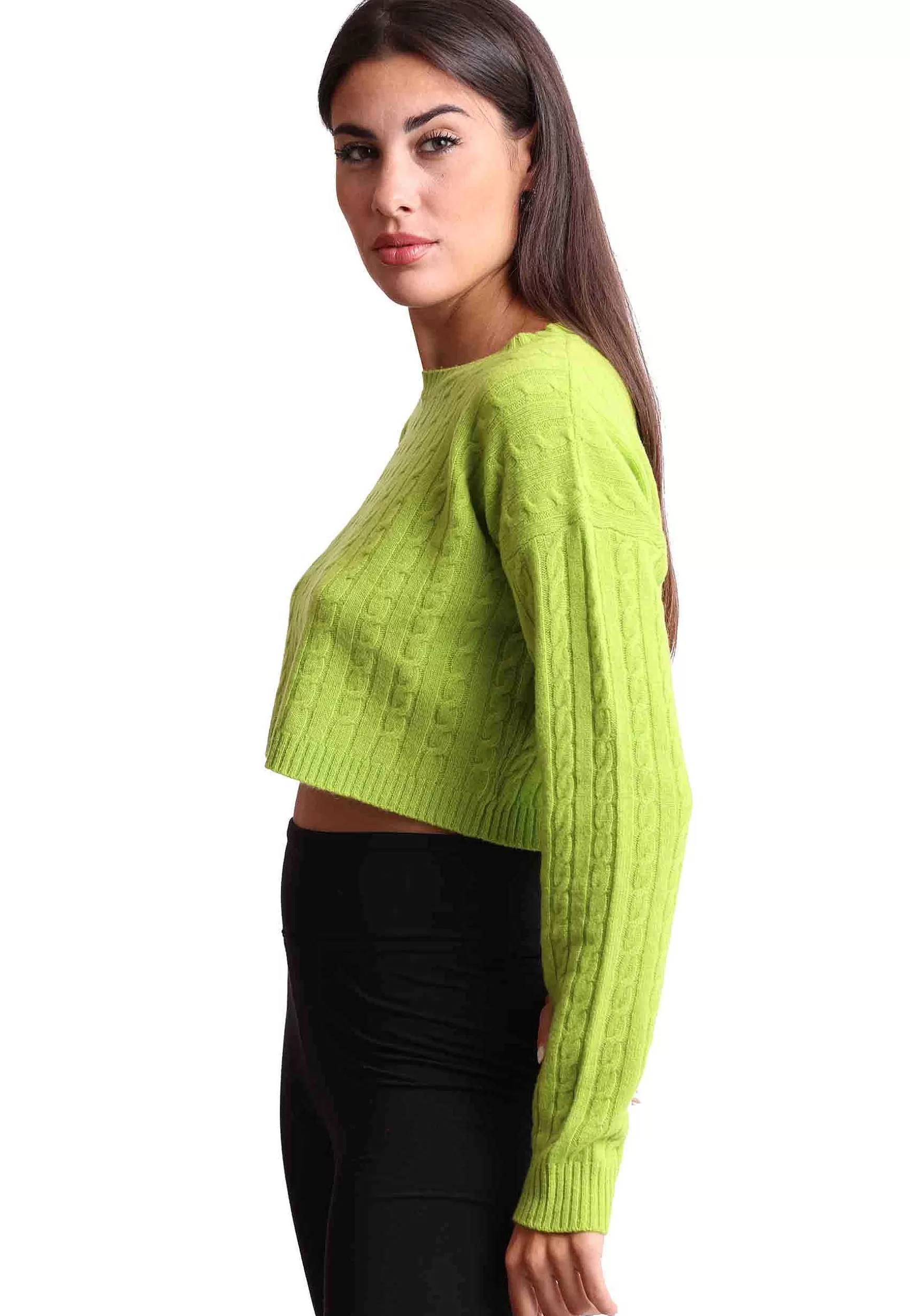 Maglione Corto Donna In Lana Cachemire Verde Girocollo*Maliparmi Shop