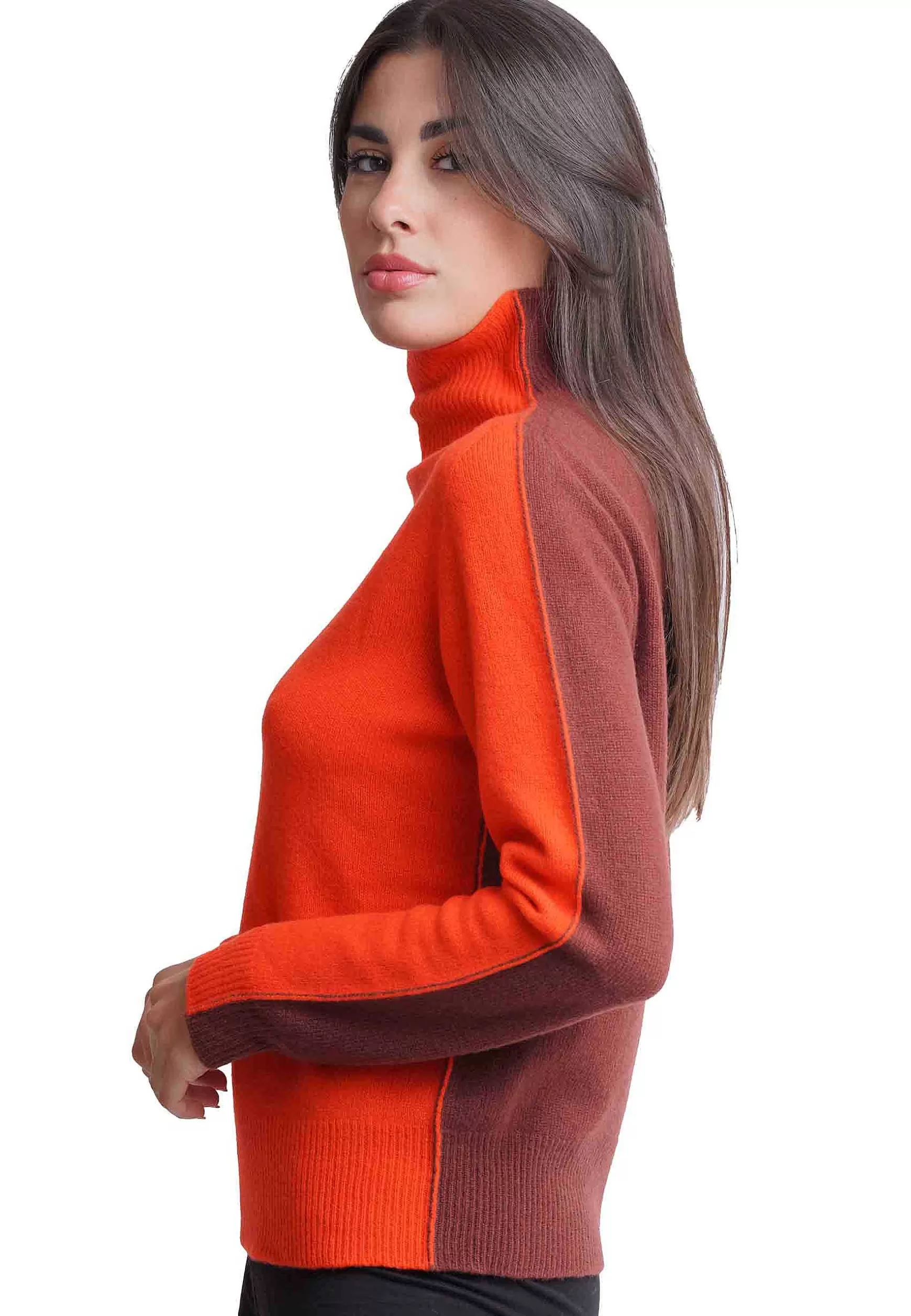 Maglione Donna Bicolor In Cachemire A Collo Alto Arancio E Marrone*Maliparmi Shop