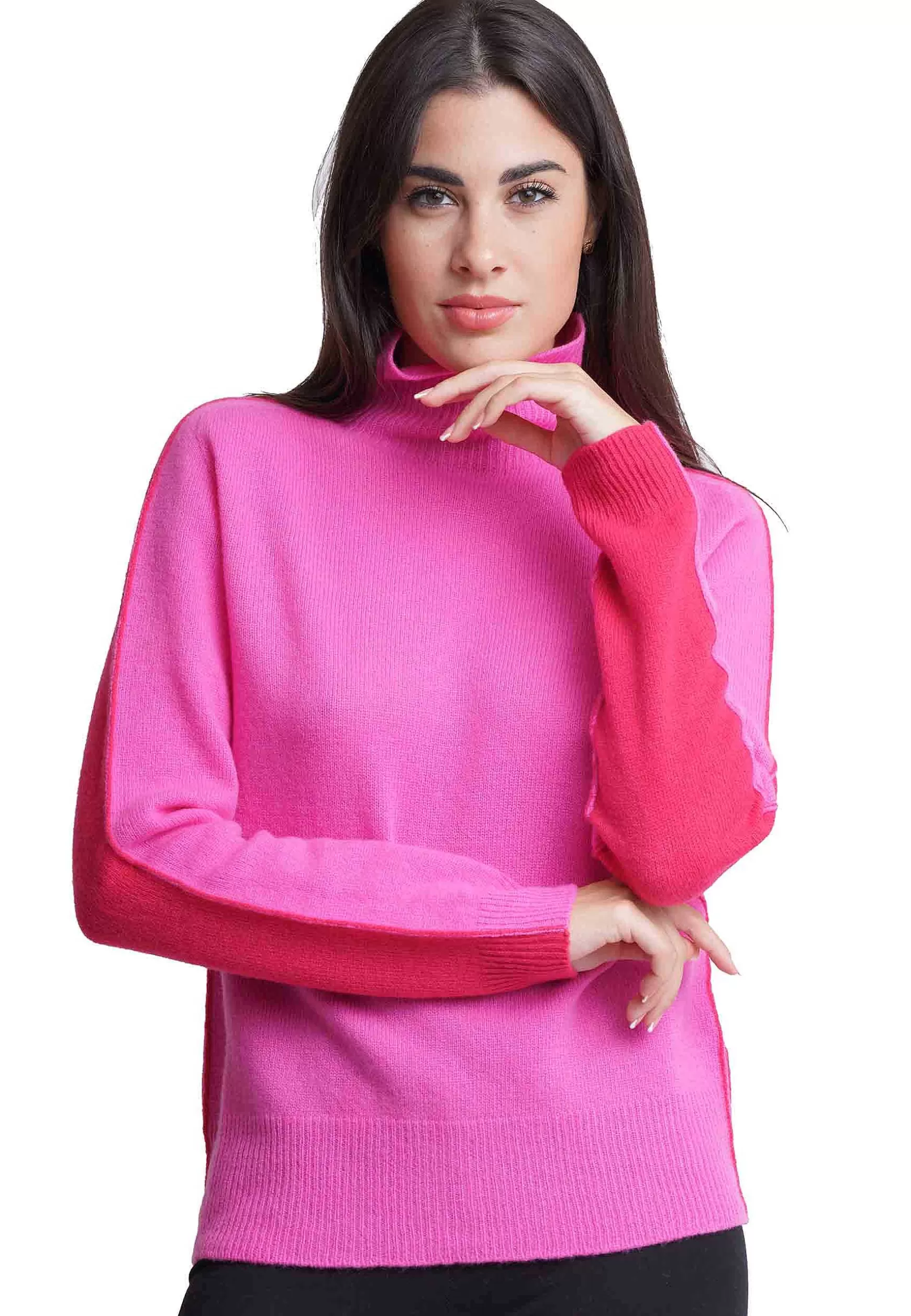 Maglione Donna Bicolor In Cachemire A Collo Alto Fuxia E Rosso*Maliparmi Flash Sale