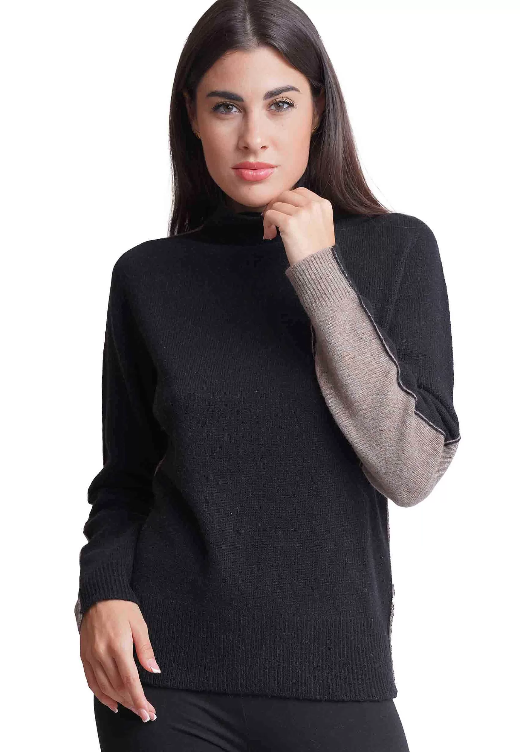 Maglione Donna Bicolor In Cachemire A Collo Alto Nero E Grigio*Maliparmi Store