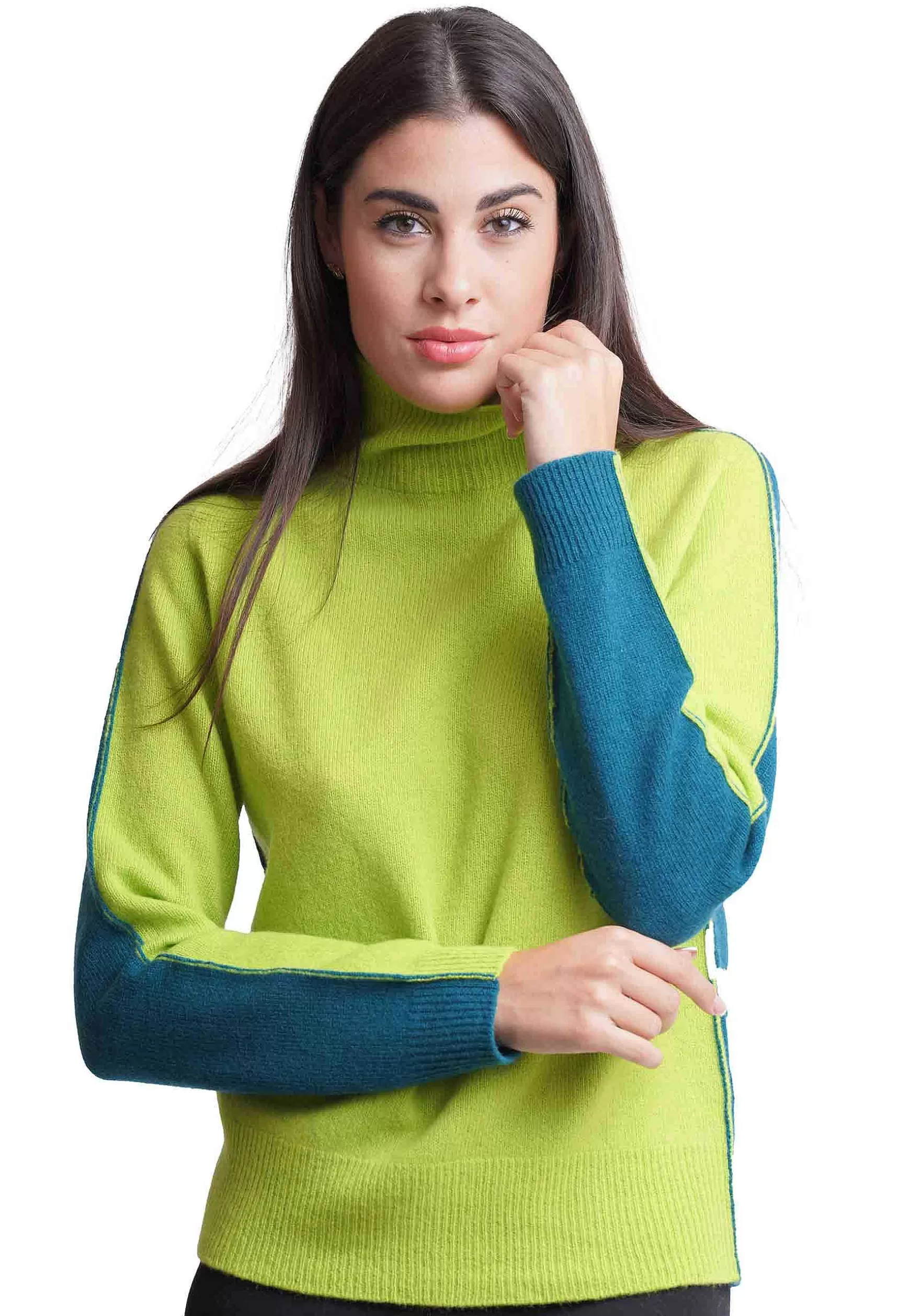 Maglione Donna Bicolor In Cachemire A Collo Alto Verde E Blu*Maliparmi Sale