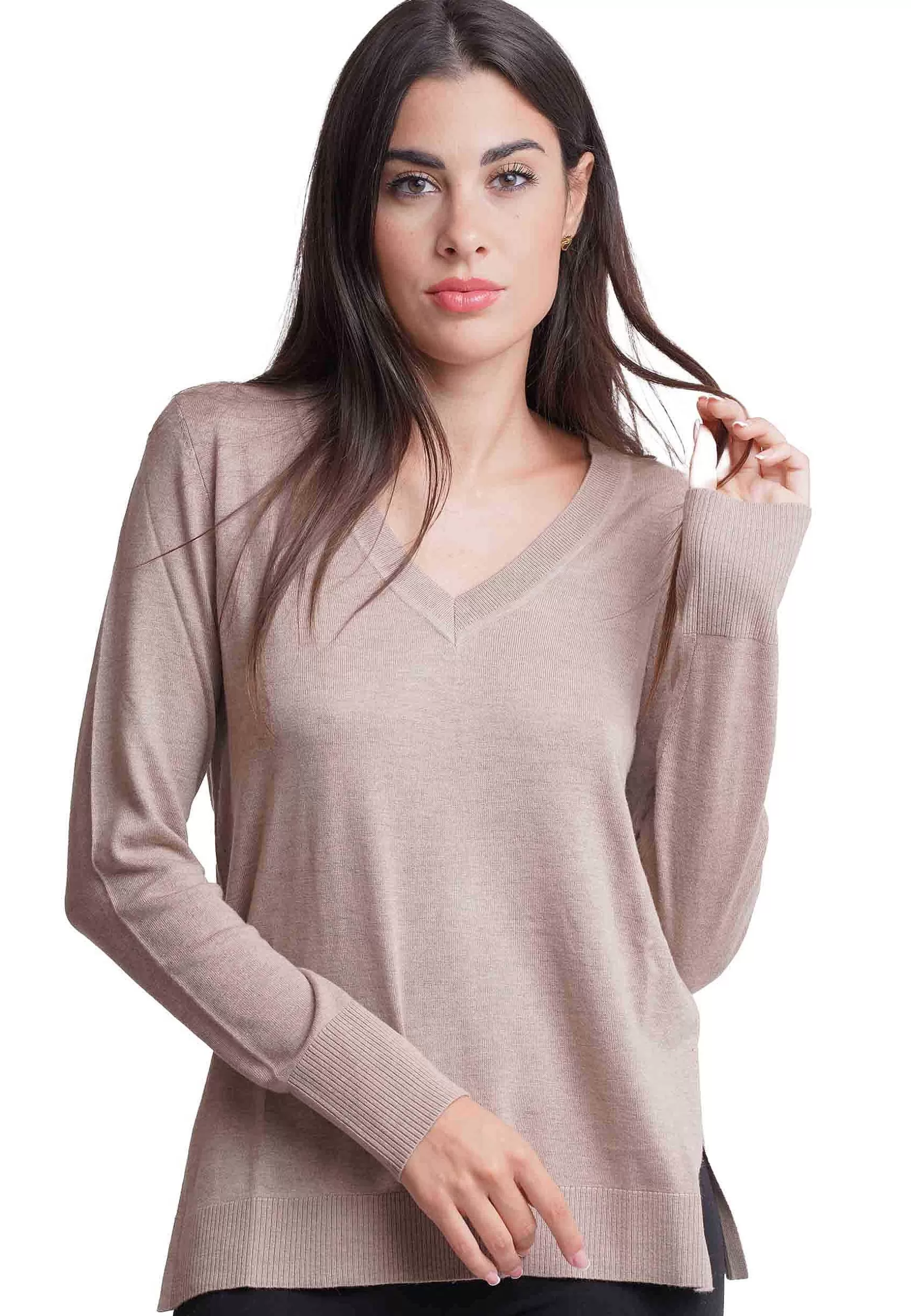Maglione Donna Soft Touch In Misto Cachemire Taupe Con Scollo A V*Maliparmi Best