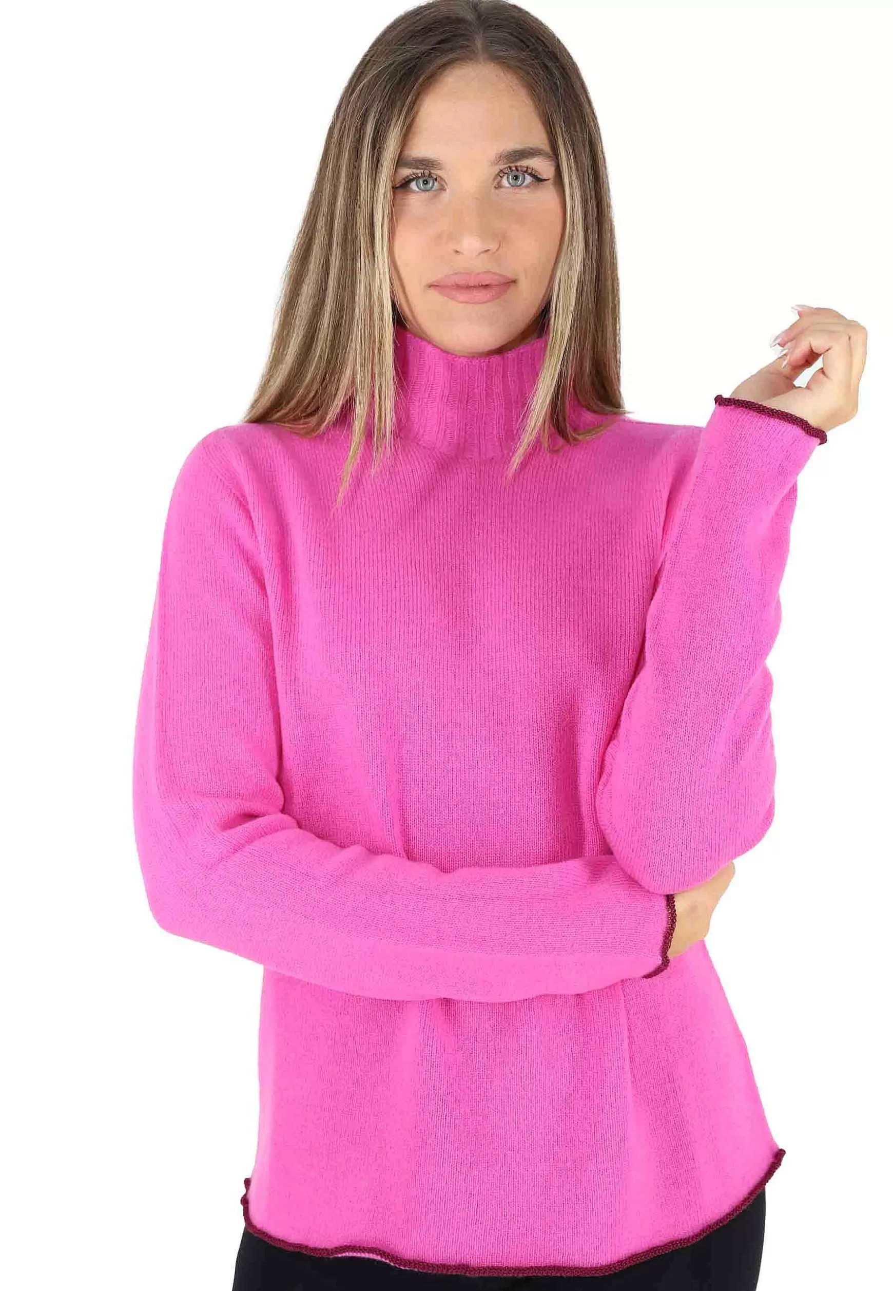 Maglioni Donna Cashmere Wool In Lana Fuxia A Collo Alto*Maliparmi New