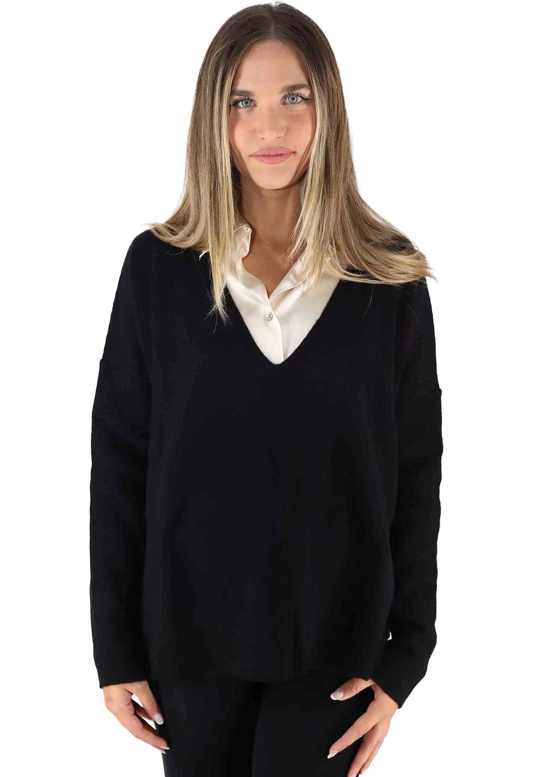 Maglioni Donna Cashmere Wool Over In Lana Nera Con Scollo A V*Maliparmi Cheap