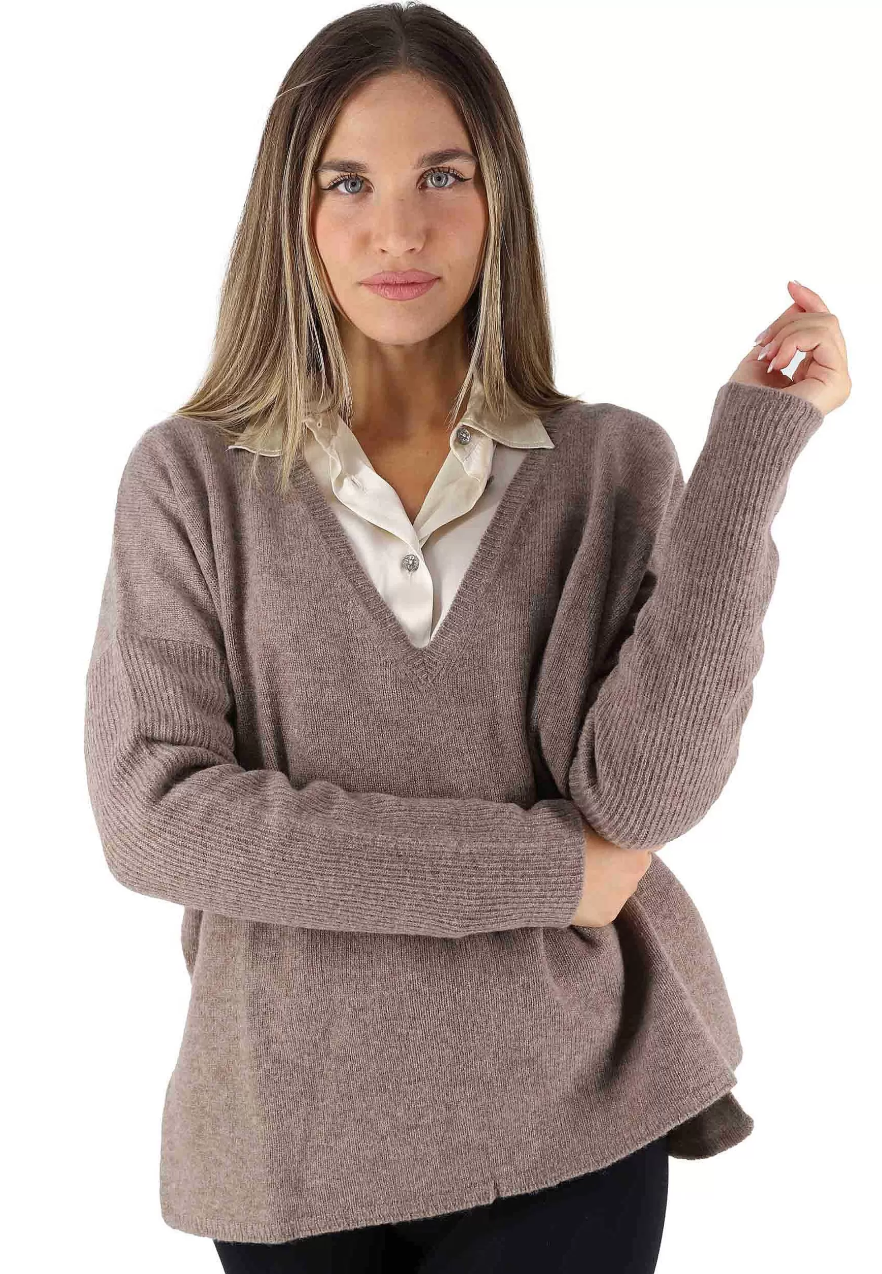 Maglioni Donna Cashmere Wool Over In Lana Taupe Con Scollo A V*Maliparmi Store