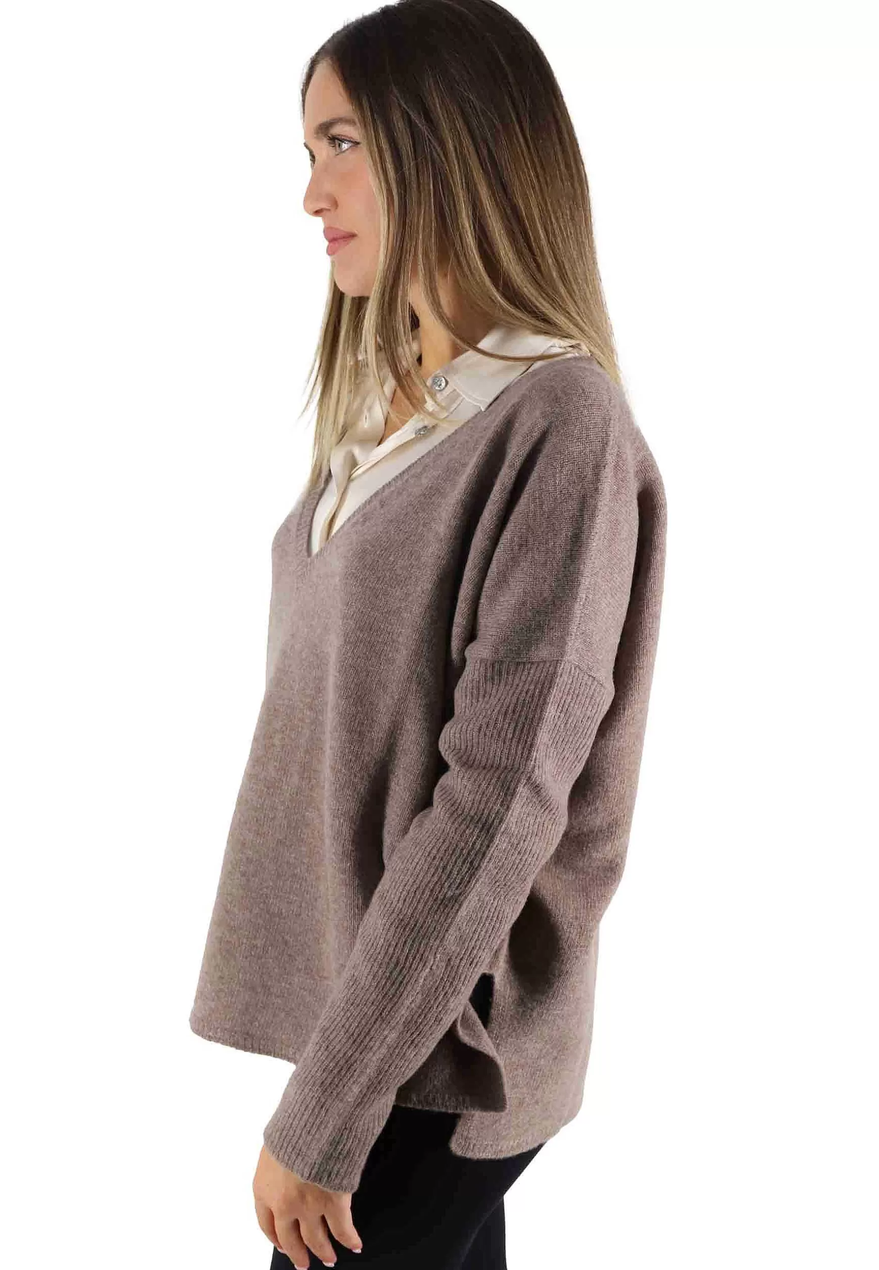 Maglioni Donna Cashmere Wool Over In Lana Taupe Con Scollo A V*Maliparmi Store