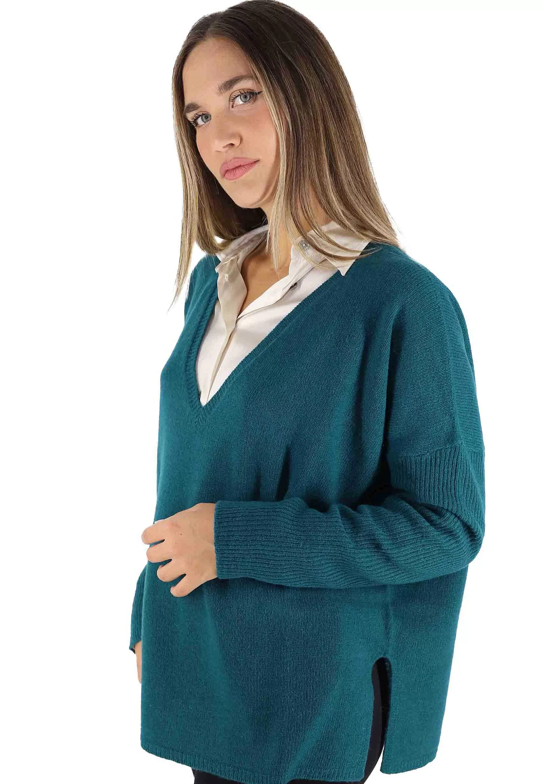 Maglioni Donna Cashmere Wool Over In Lana Verde Con Scollo A V*Maliparmi Cheap