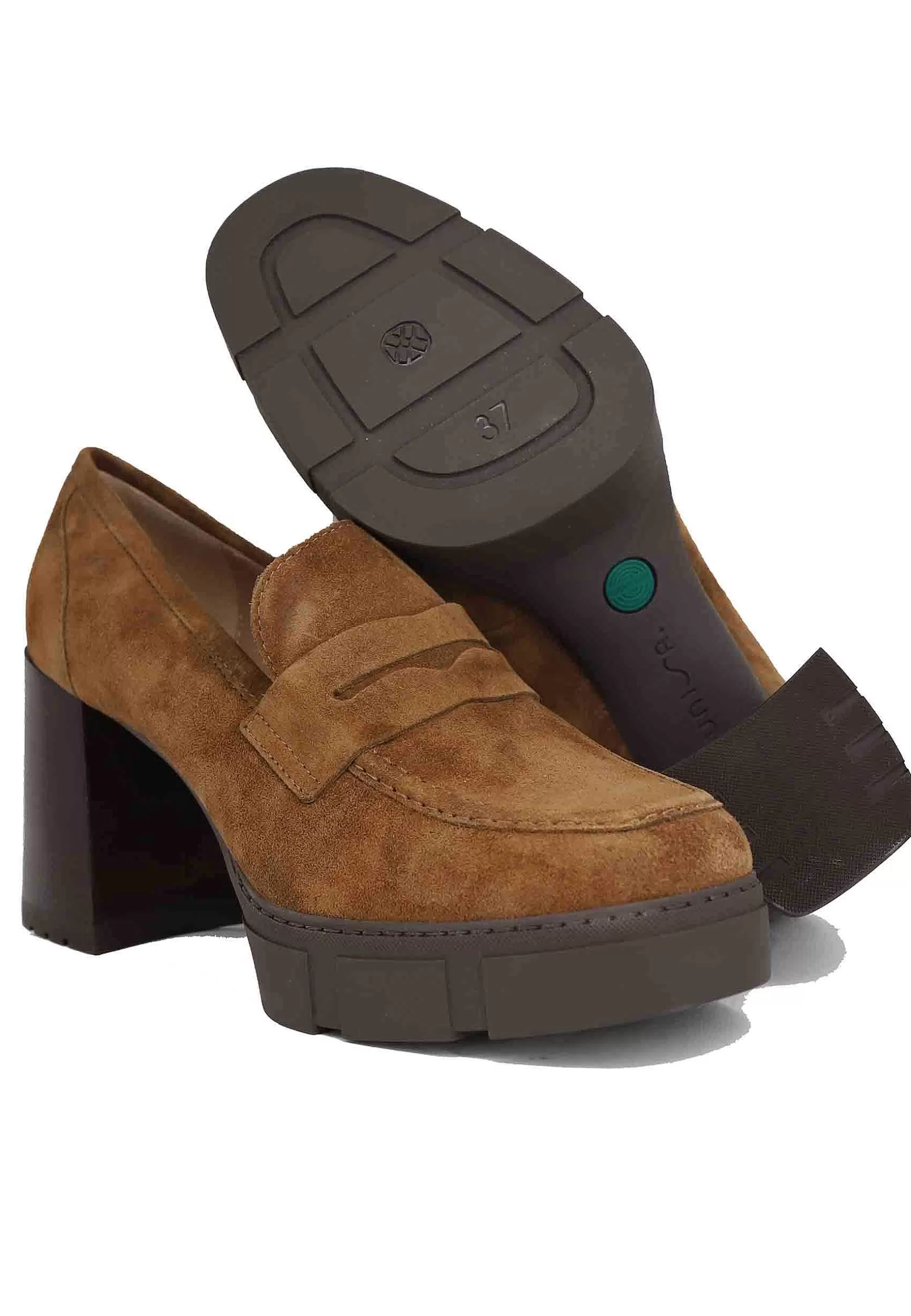Mocassini Donna In Camoscio Cuoio Con Tacco Alto E Plateau*Unisa Fashion