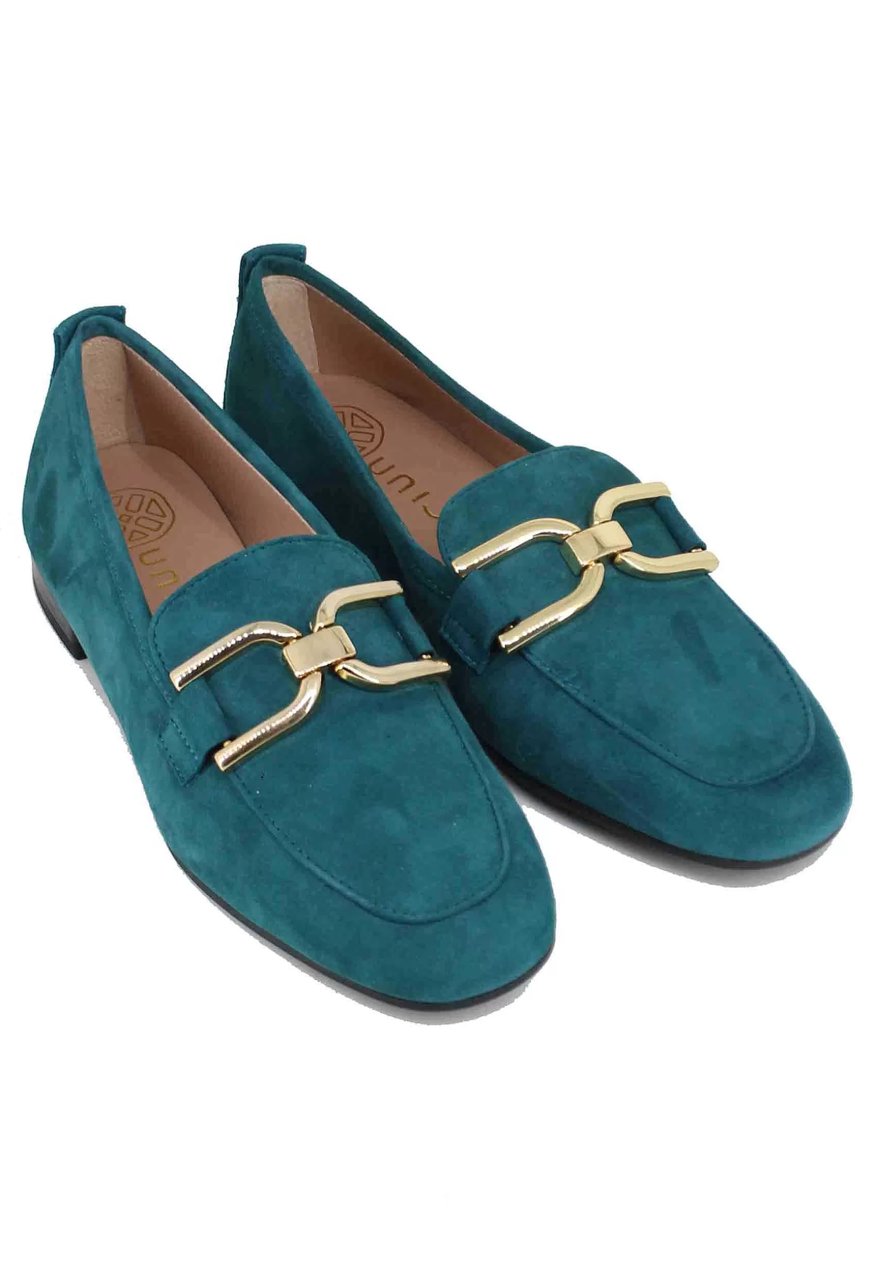 Mocassini Donna In Camoscio Petrolio Con Morsetto Oro*Unisa Flash Sale