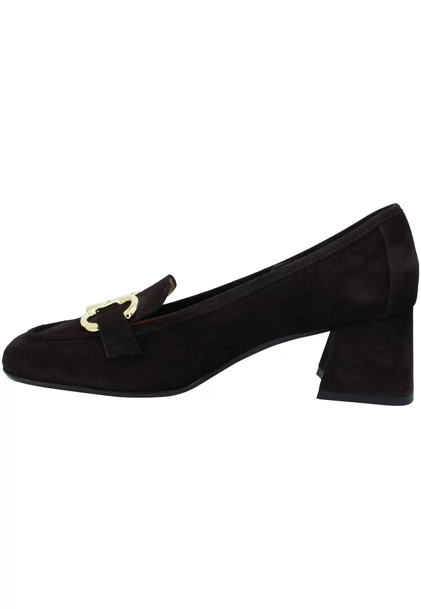 Mocassini Donna In Camsocio Testa Di Moro Con Morsetto In Oro E Tacco Medio** New