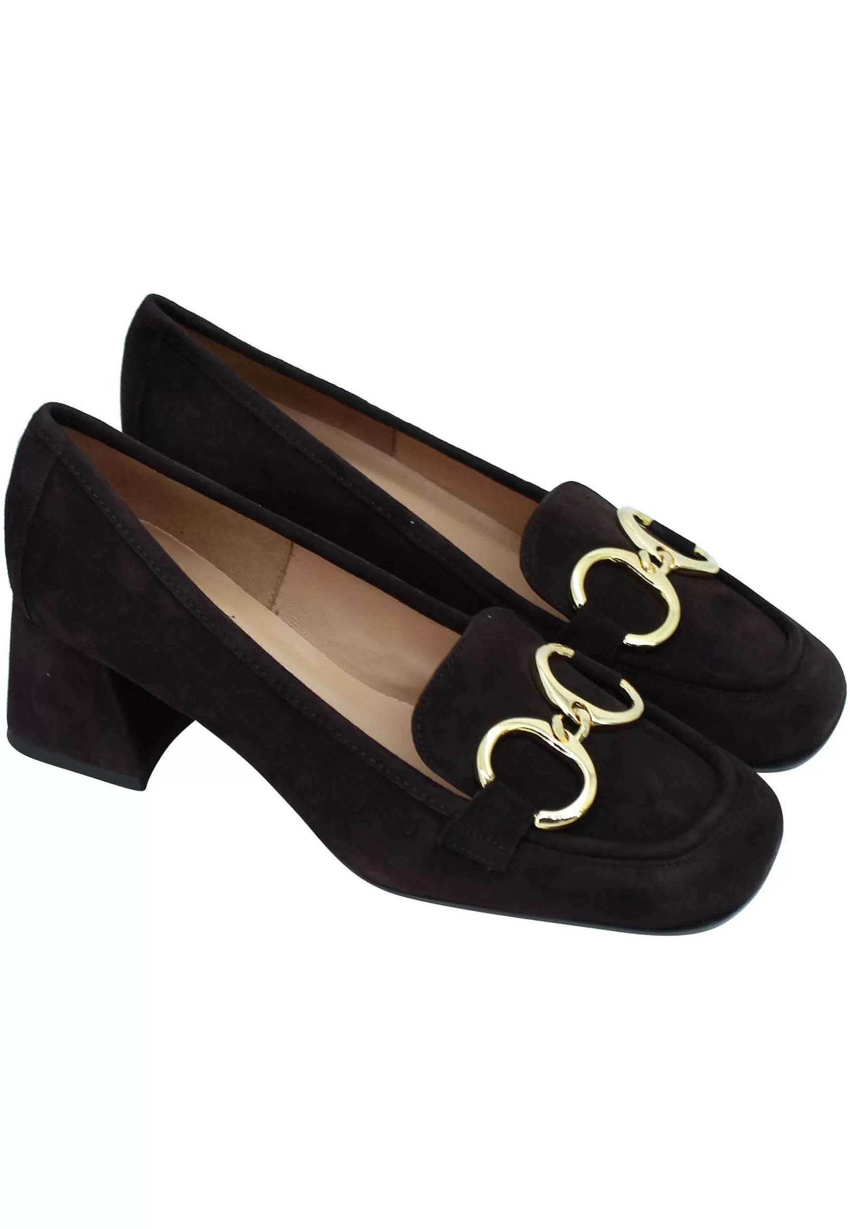 Mocassini Donna In Camsocio Testa Di Moro Con Morsetto In Oro E Tacco Medio** New