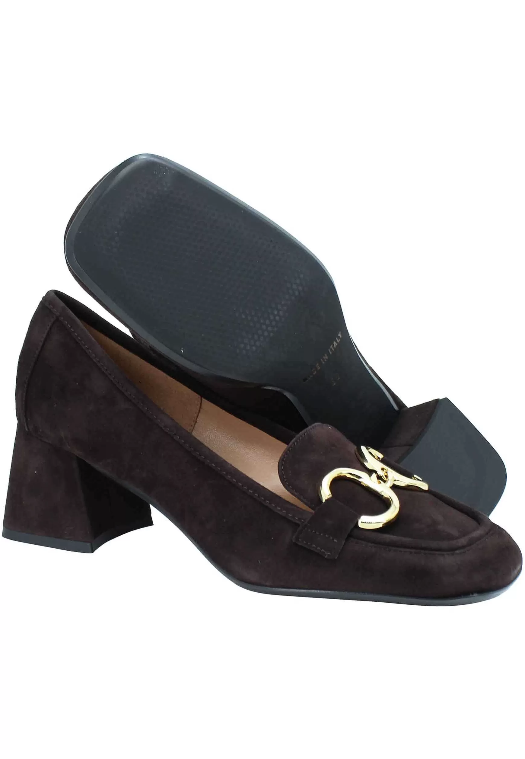 Mocassini Donna In Camsocio Testa Di Moro Con Morsetto In Oro E Tacco Medio** New