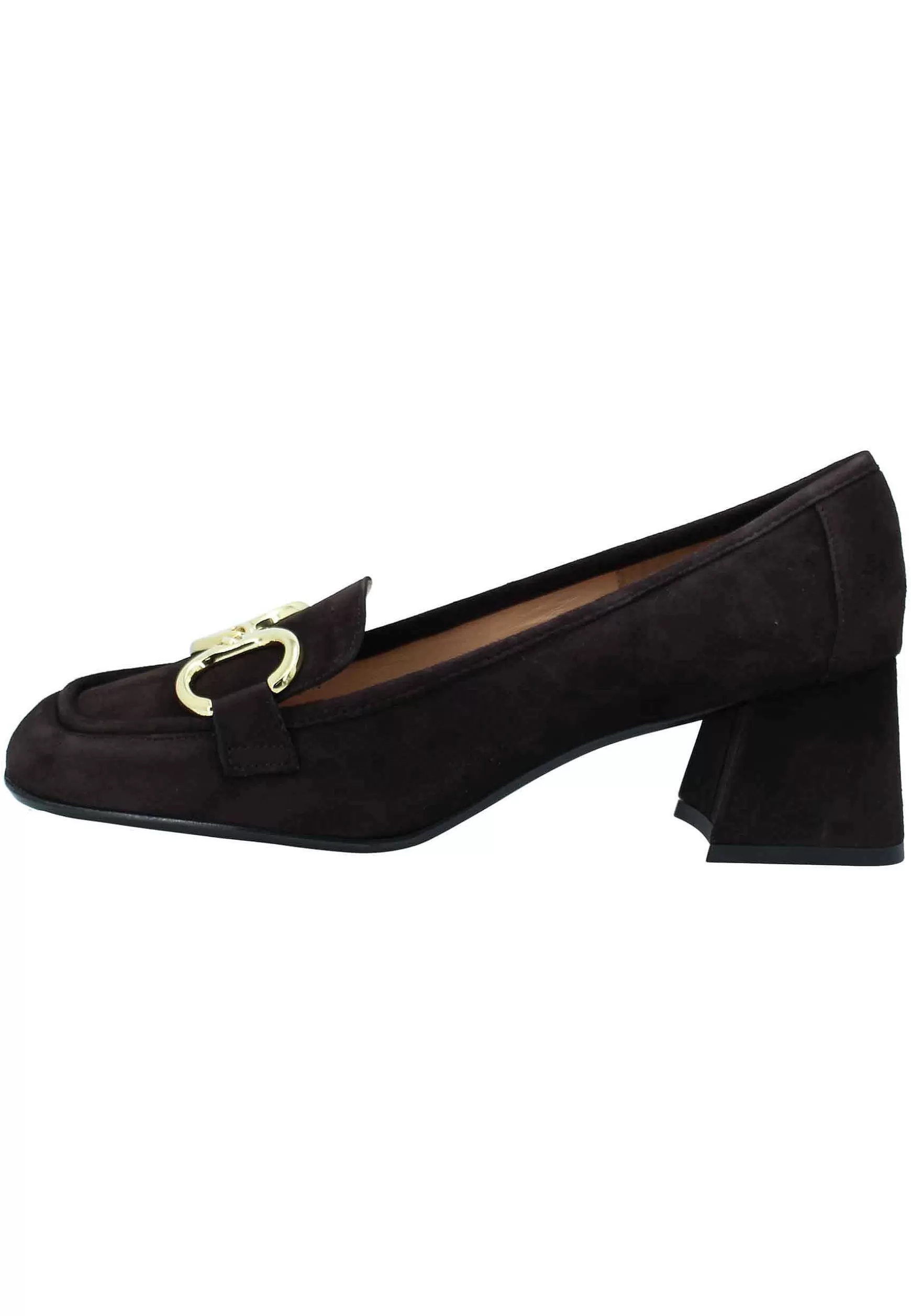 Mocassini Donna In Camsocio Testa Di Moro Con Morsetto In Oro E Tacco Medio** New