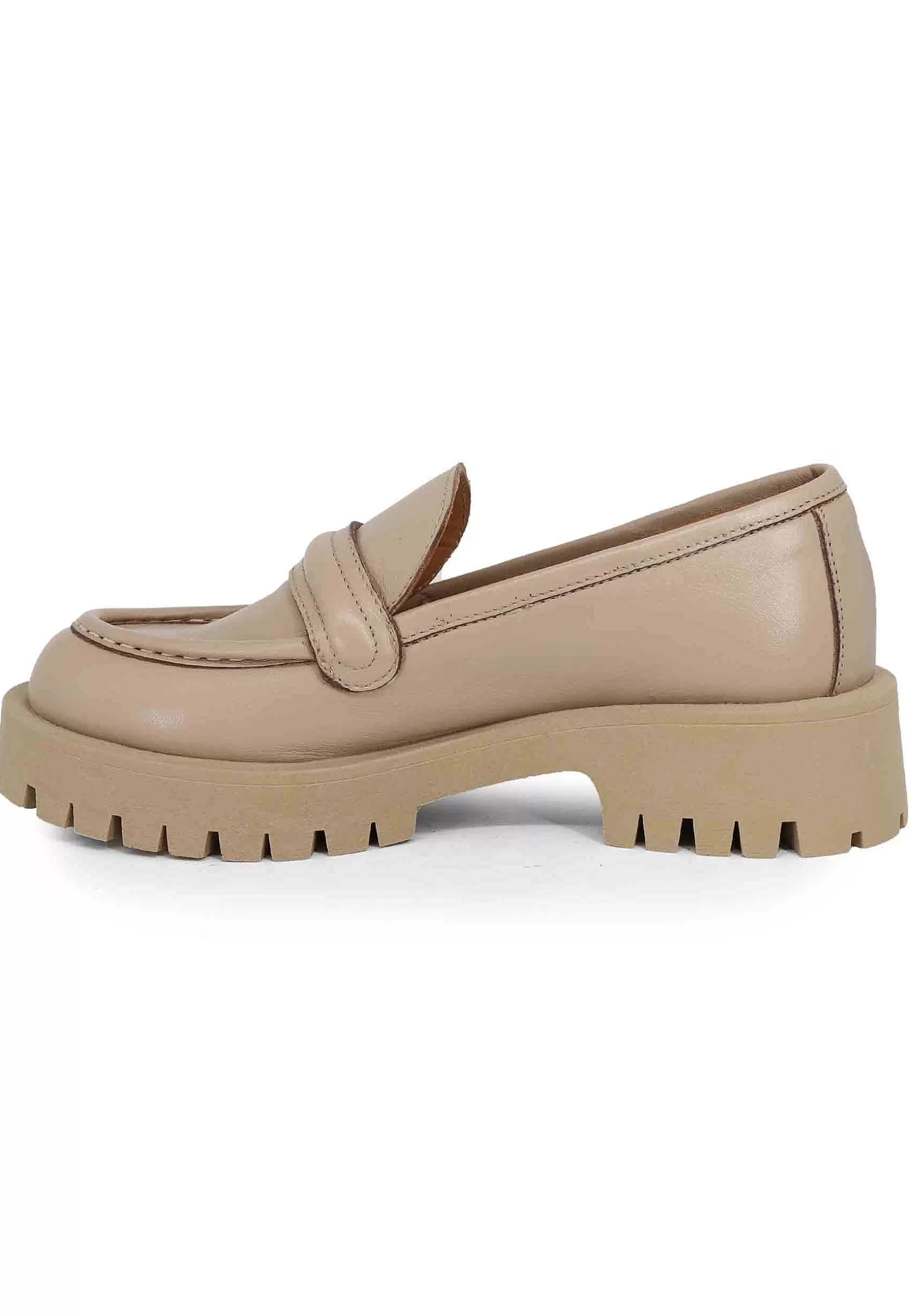 Mocassini Donna In Pelle Beige Con Suola In Gomma Carrarmato** Best Sale