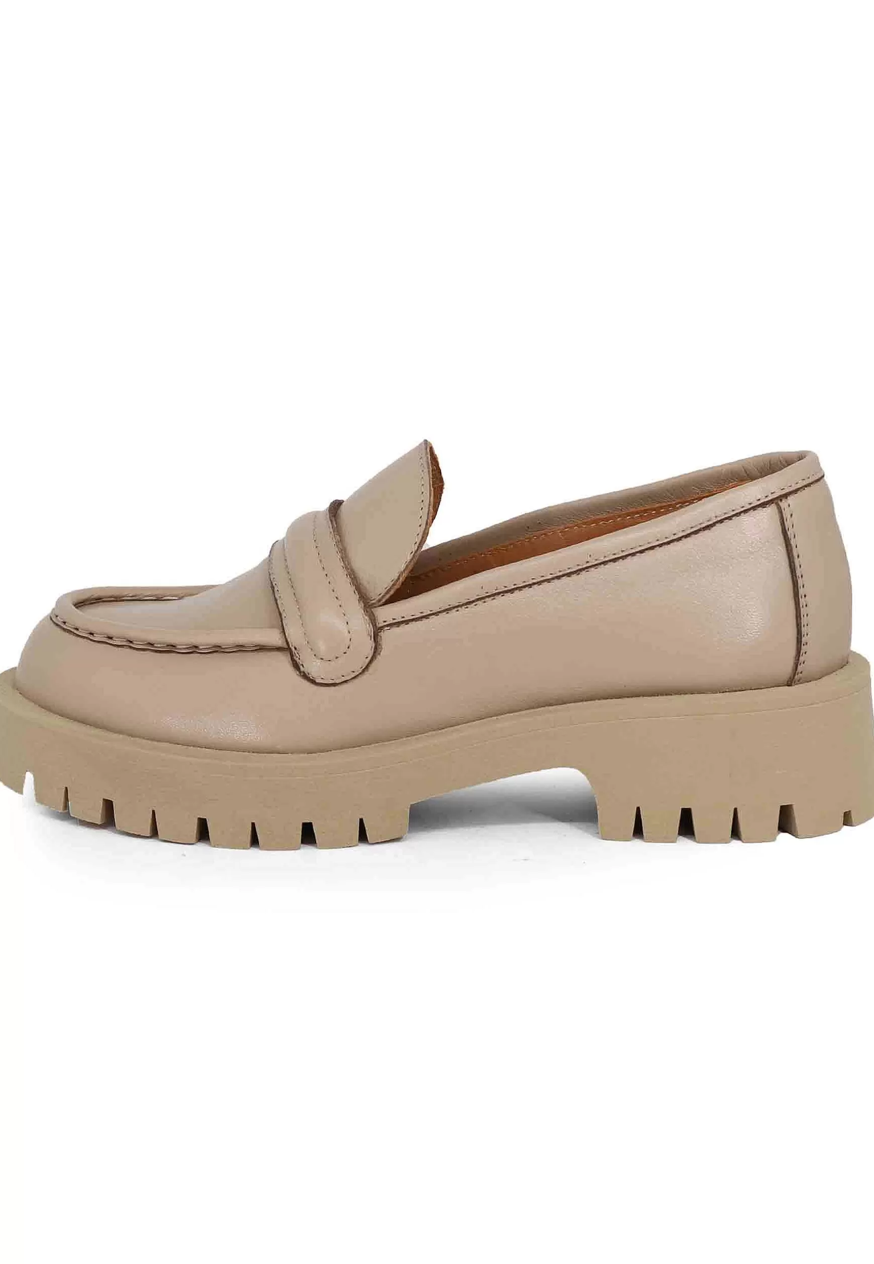 Mocassini Donna In Pelle Beige Con Suola In Gomma Carrarmato** Best Sale