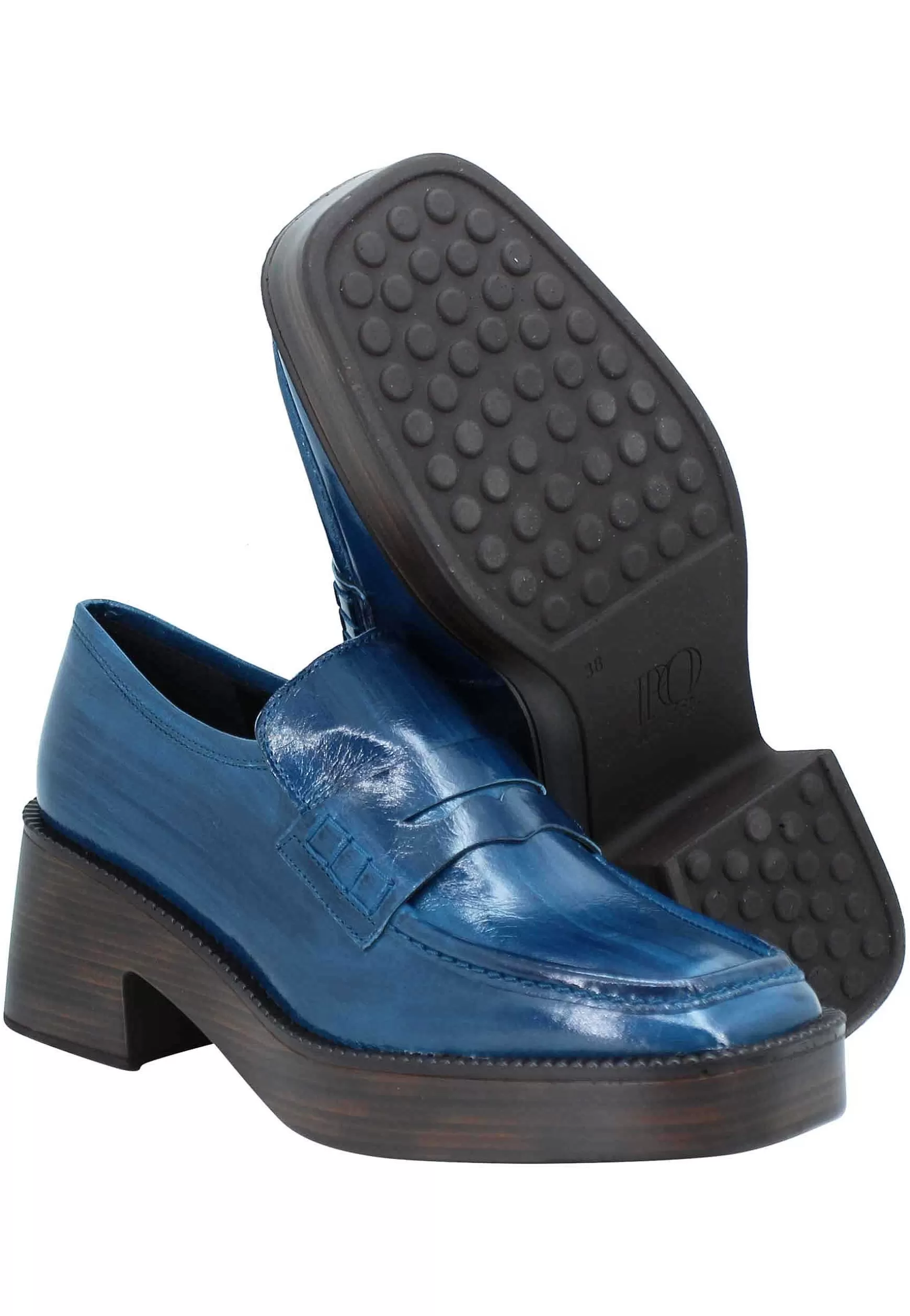 Mocassini Donna In Pelle Blu Con Tacco E Plateau In Gomma*Pons Quintana Hot