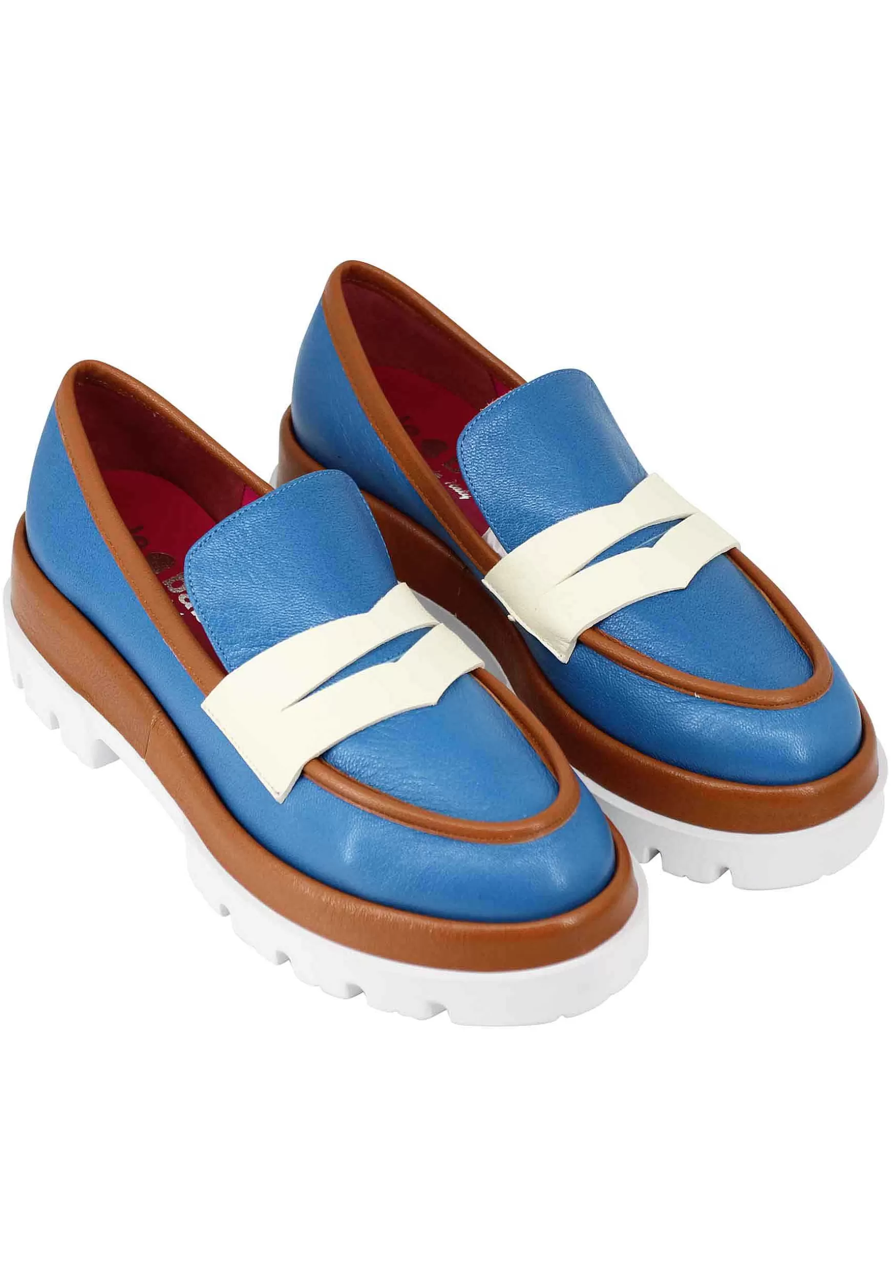Mocassini Donna In Pelle Blu Con Zeppa E Riporti N Pelle Cuoio*Le Babe New