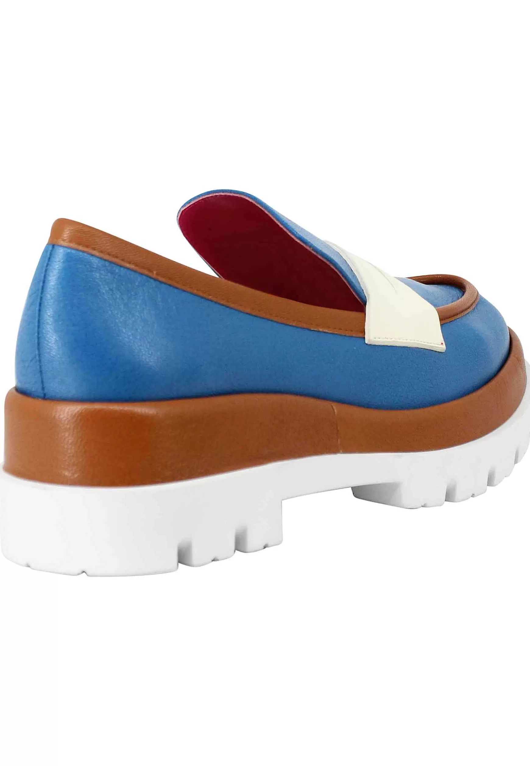Mocassini Donna In Pelle Blu Con Zeppa E Riporti N Pelle Cuoio*Le Babe New