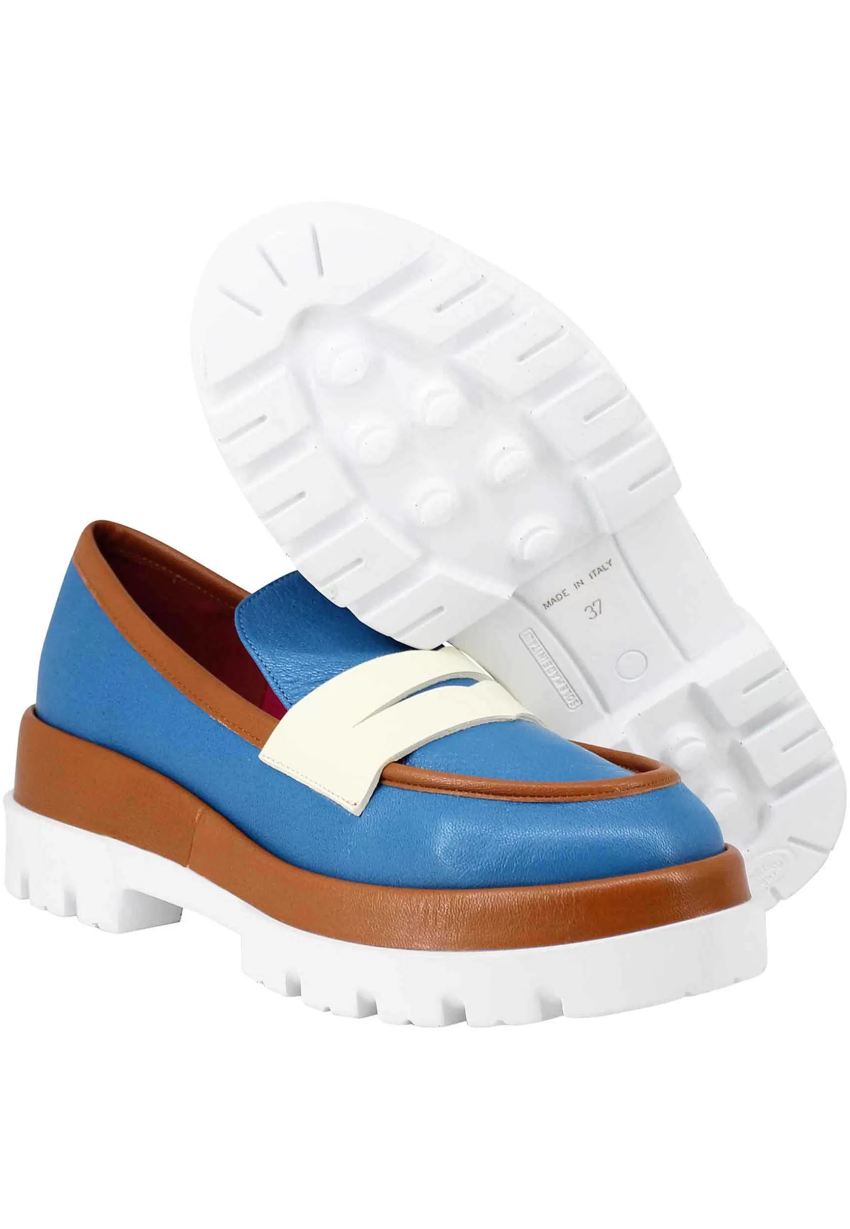 Mocassini Donna In Pelle Blu Con Zeppa E Riporti N Pelle Cuoio*Le Babe New
