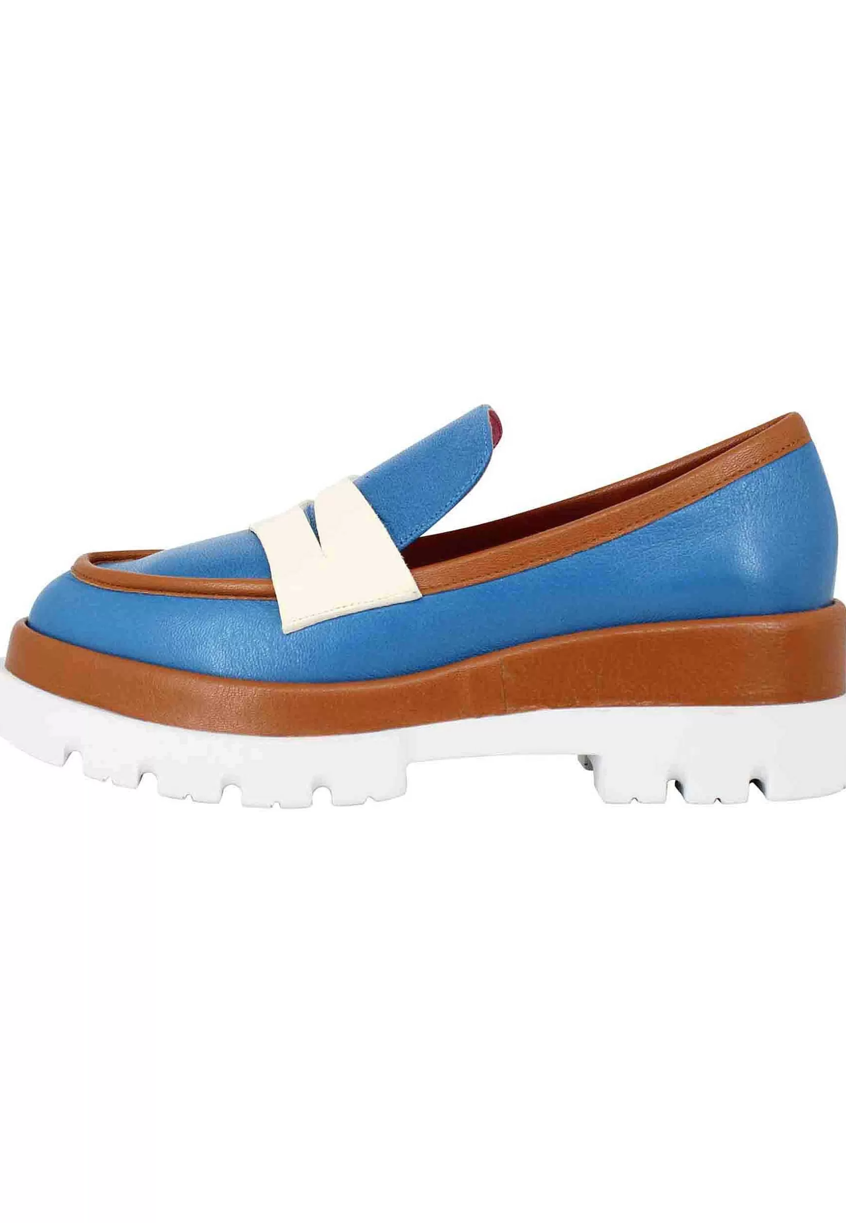 Mocassini Donna In Pelle Blu Con Zeppa E Riporti N Pelle Cuoio*Le Babe New