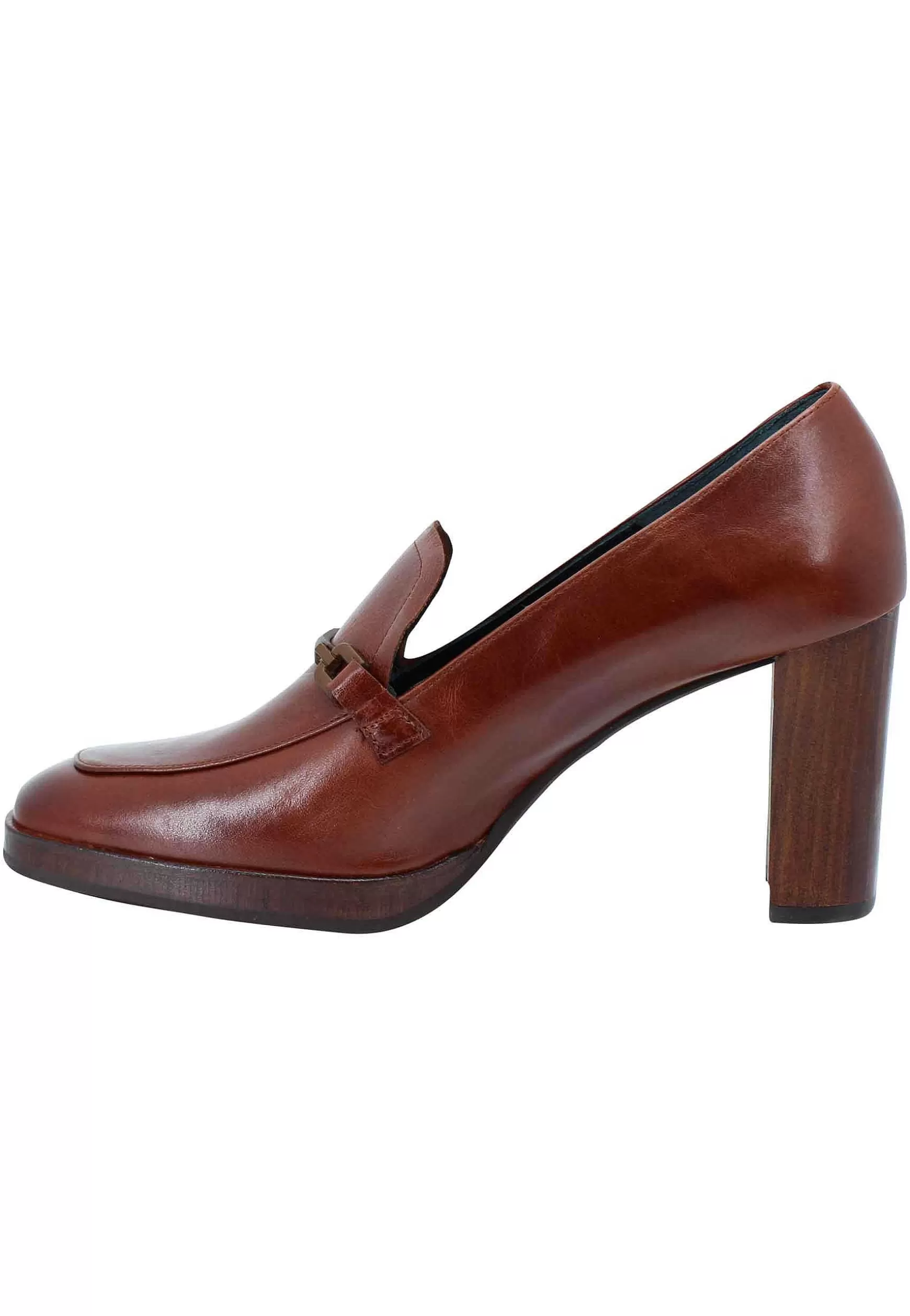 Mocassini Donna In Pelle Cuoio Tacco Alto E Punta Quadra Con Morsetto In Tinta*Zinda Store