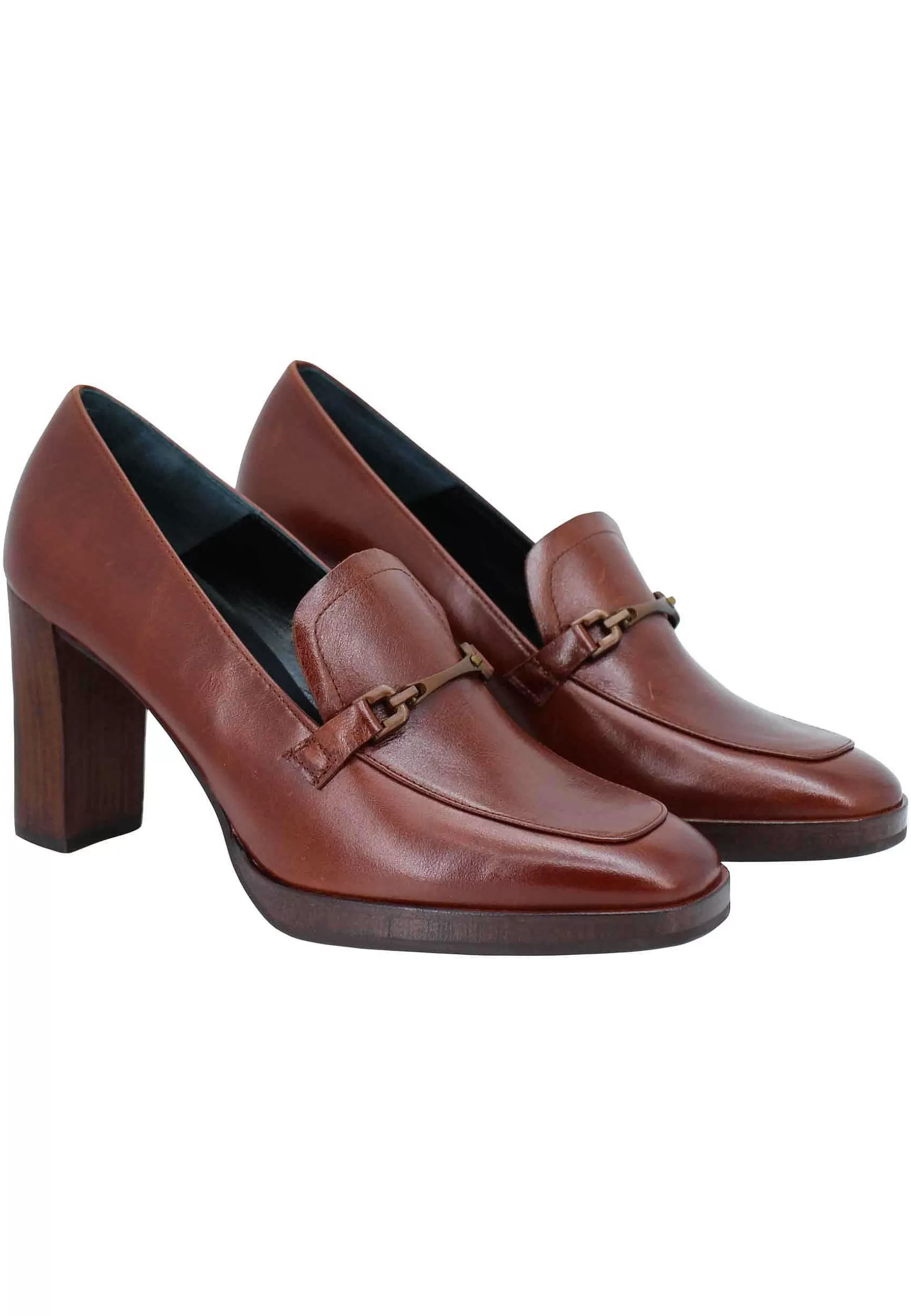 Mocassini Donna In Pelle Cuoio Tacco Alto E Punta Quadra Con Morsetto In Tinta*Zinda Store