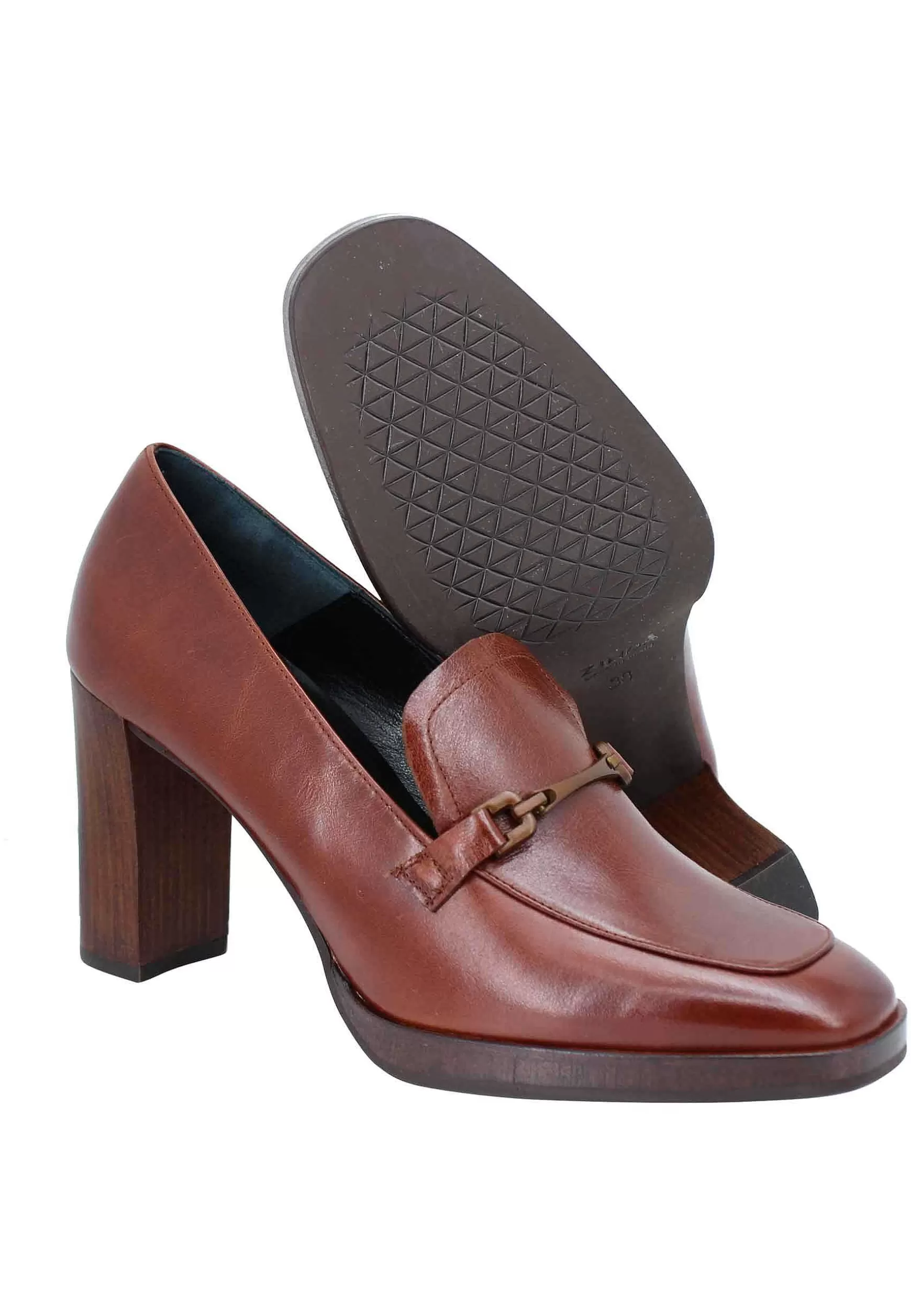 Mocassini Donna In Pelle Cuoio Tacco Alto E Punta Quadra Con Morsetto In Tinta*Zinda Store