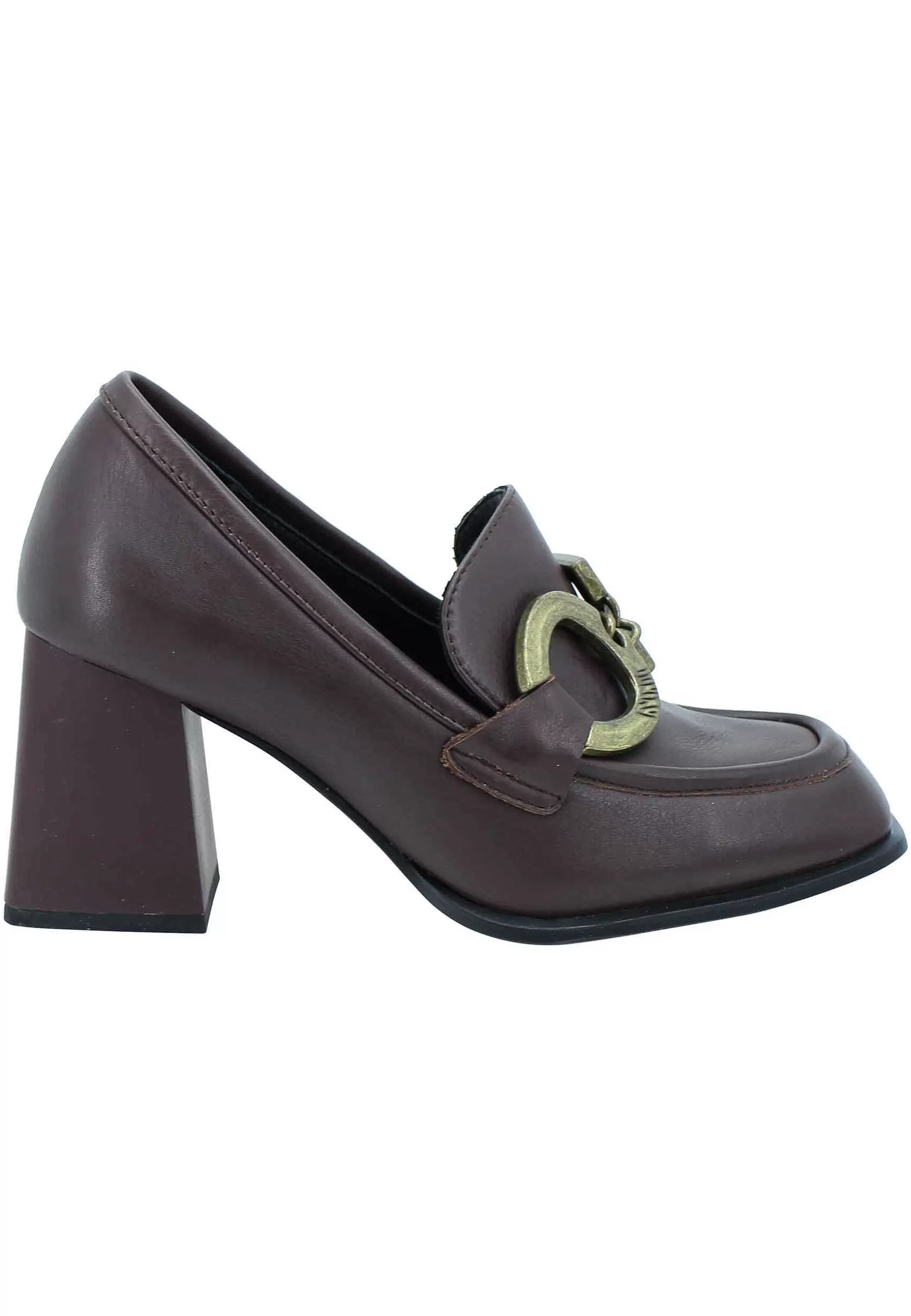 Mocassini Donna In Pelle Marrone Con Accessorio Tacco Alto E Punta Quadra*Manufacture D Discount