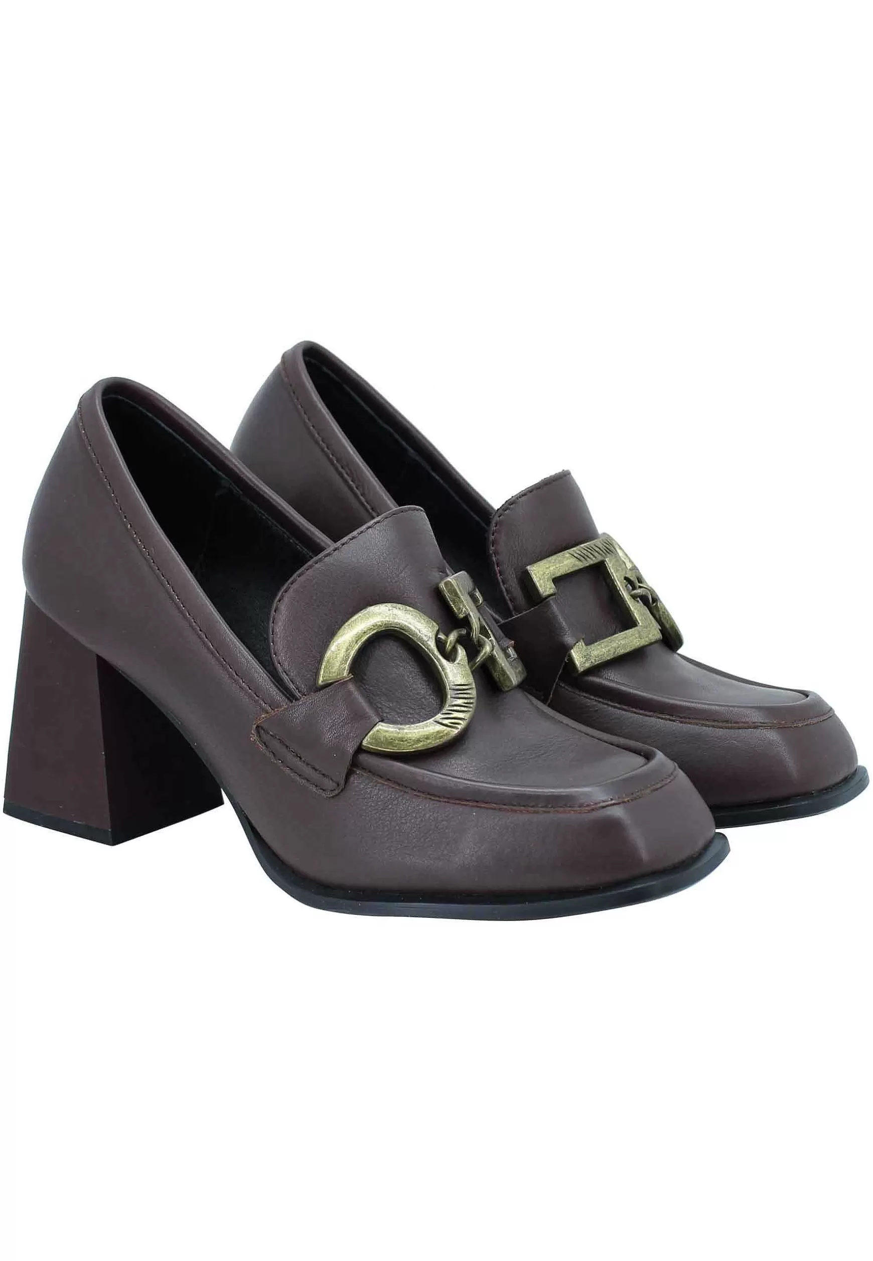 Mocassini Donna In Pelle Marrone Con Accessorio Tacco Alto E Punta Quadra*Manufacture D Discount