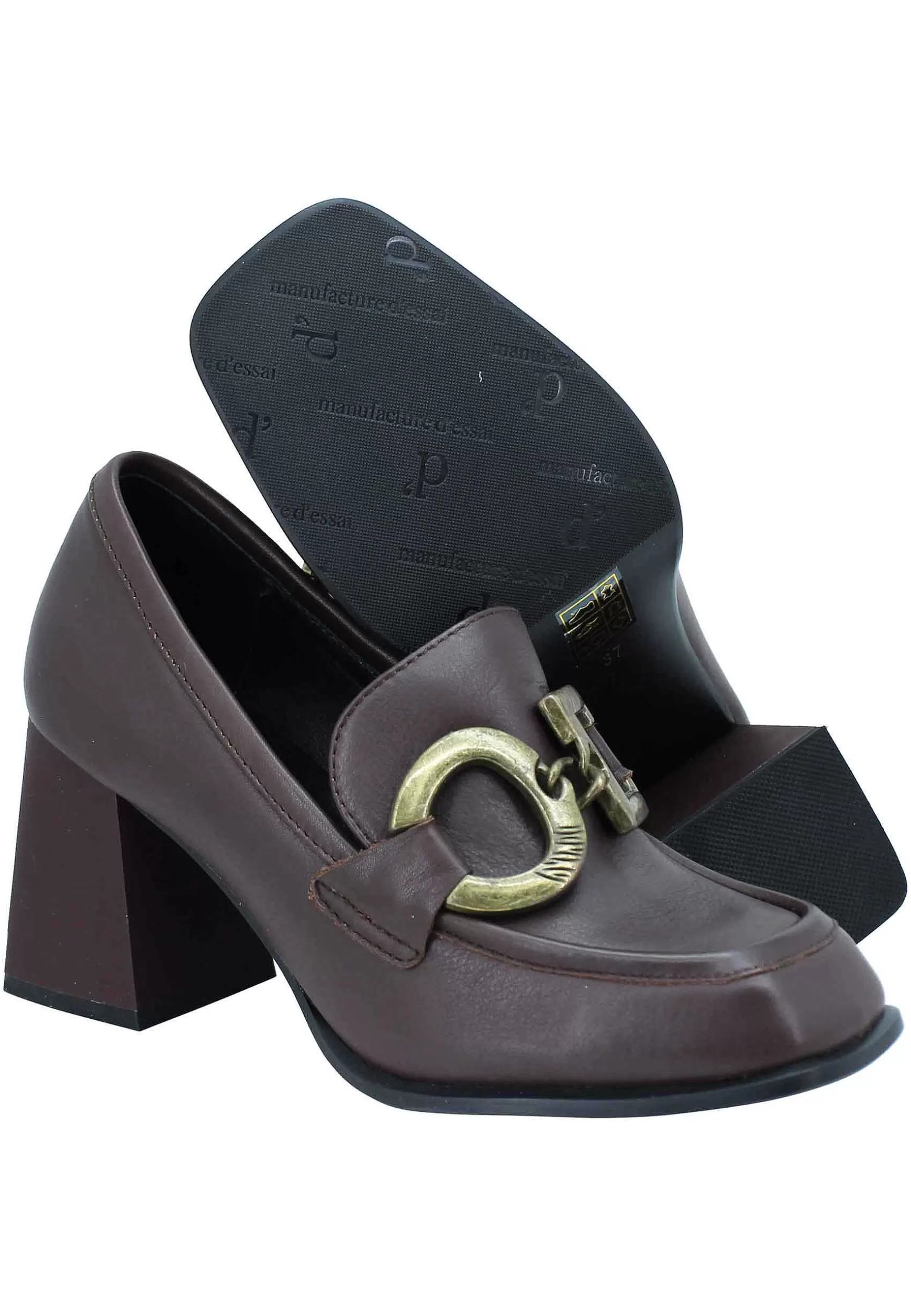 Mocassini Donna In Pelle Marrone Con Accessorio Tacco Alto E Punta Quadra*Manufacture D Discount