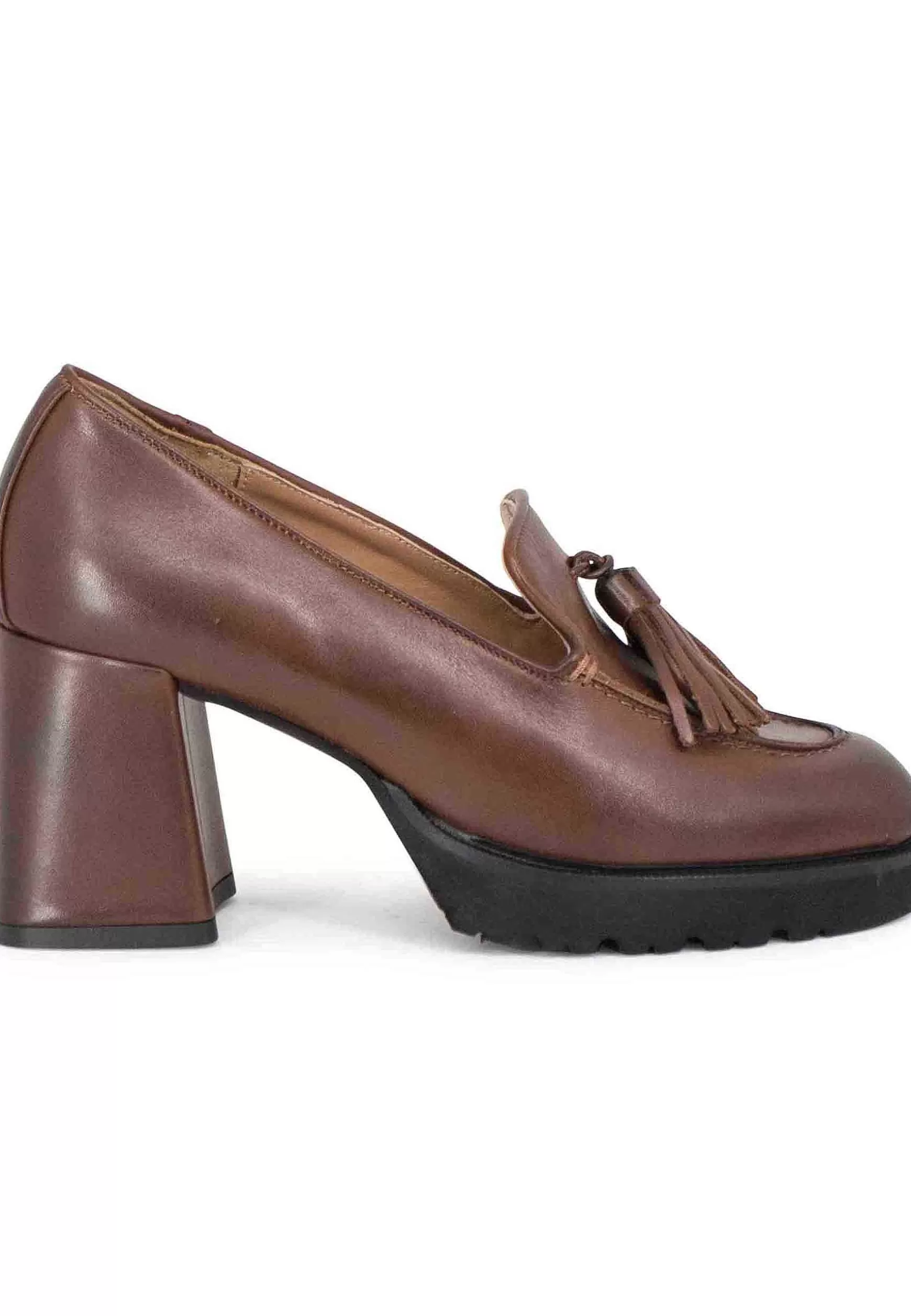 Mocassini Donna In Pelle Marrone Con Nappine E Tacco Alto** Shop