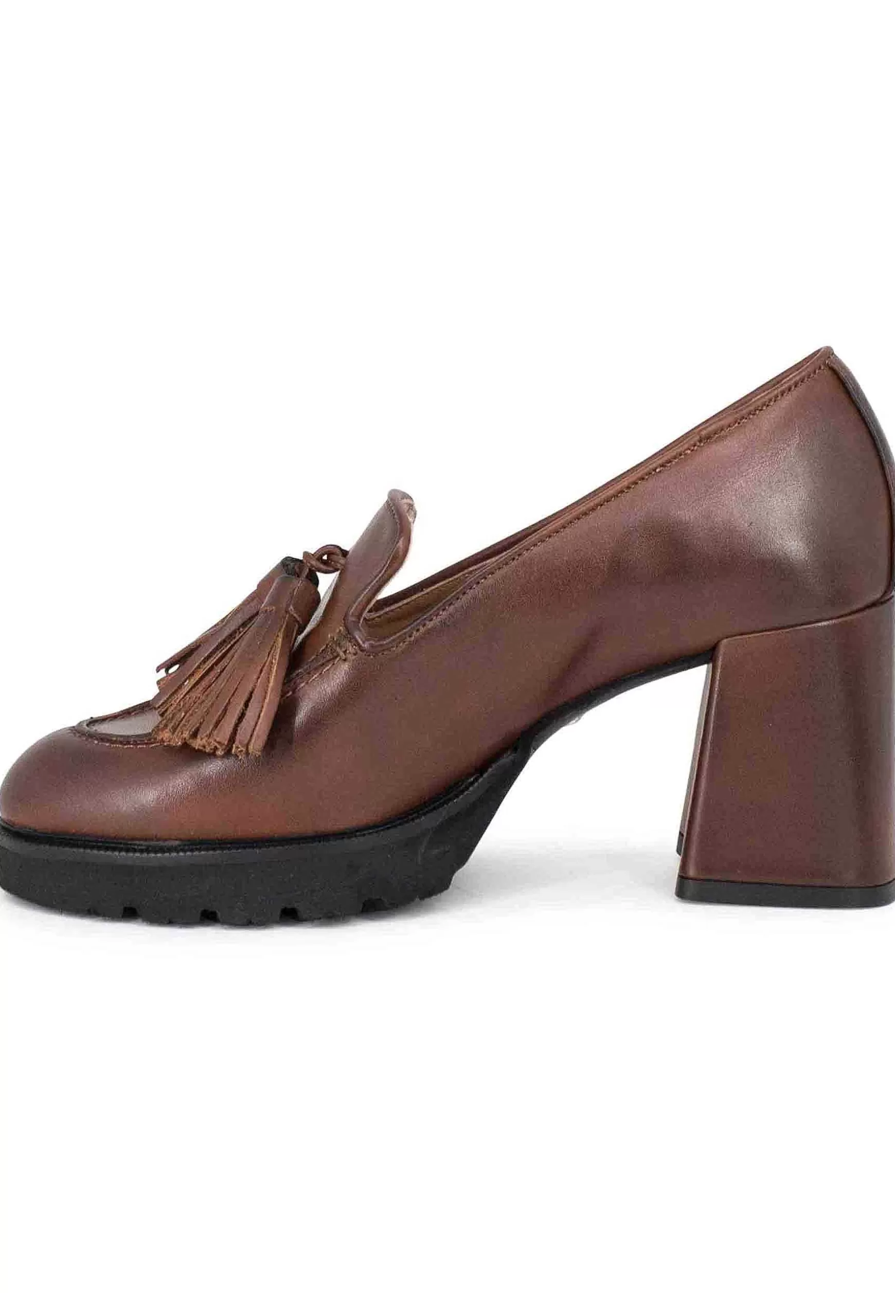 Mocassini Donna In Pelle Marrone Con Nappine E Tacco Alto** Shop