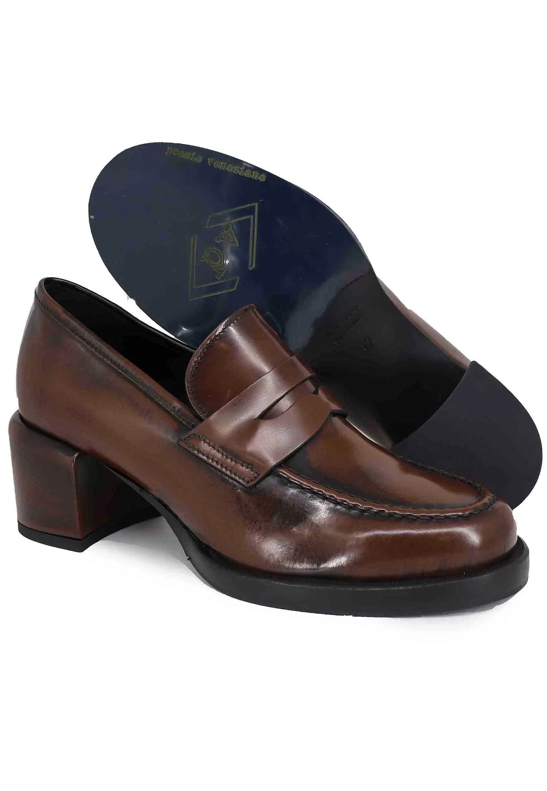 Mocassini Donna In Pelle Marrone Con Tacco In Pelle E Punta Tonda*Poesie Veneziane Sale