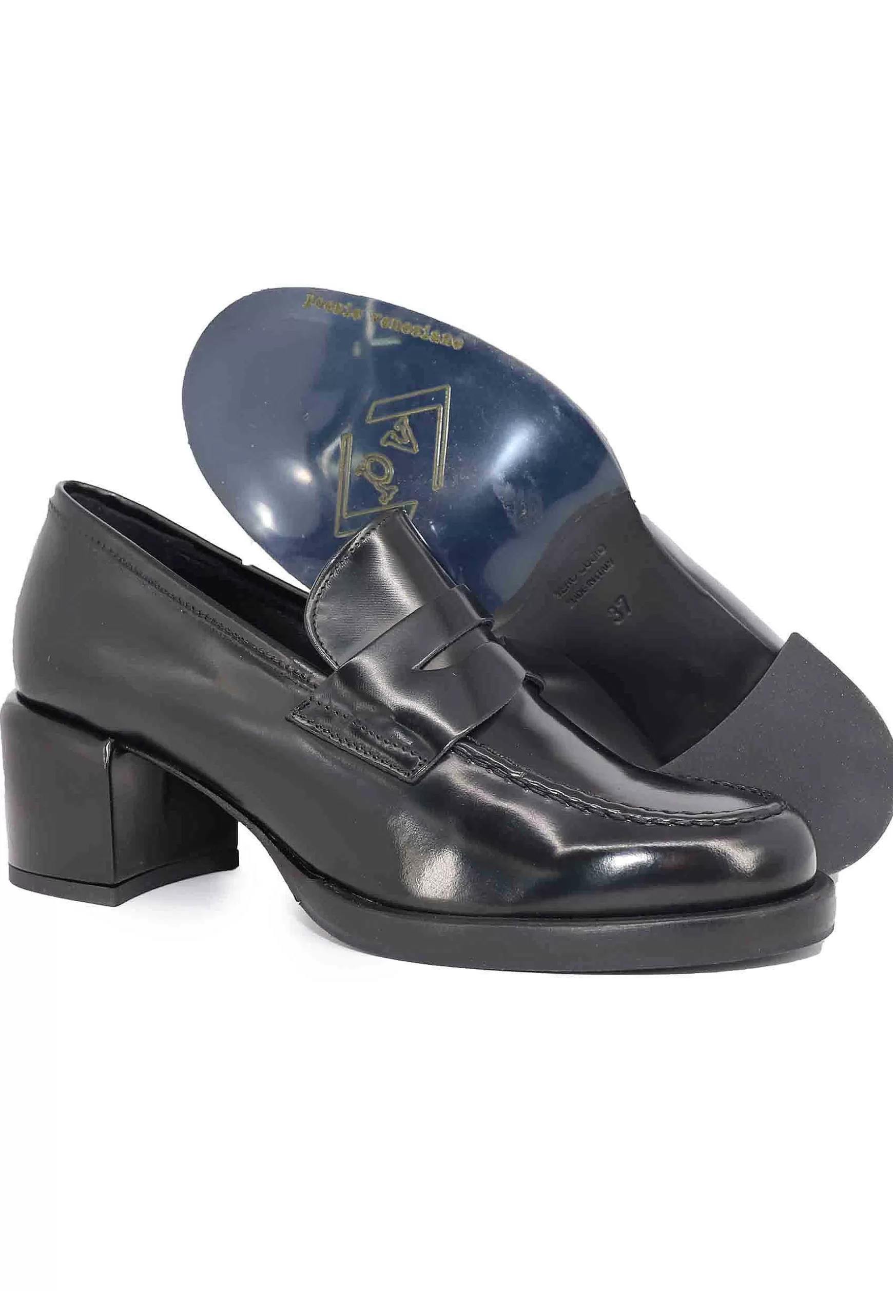 Mocassini Donna In Pelle Nera Con Tacco In Pelle E Punta Tonda*Poesie Veneziane Outlet