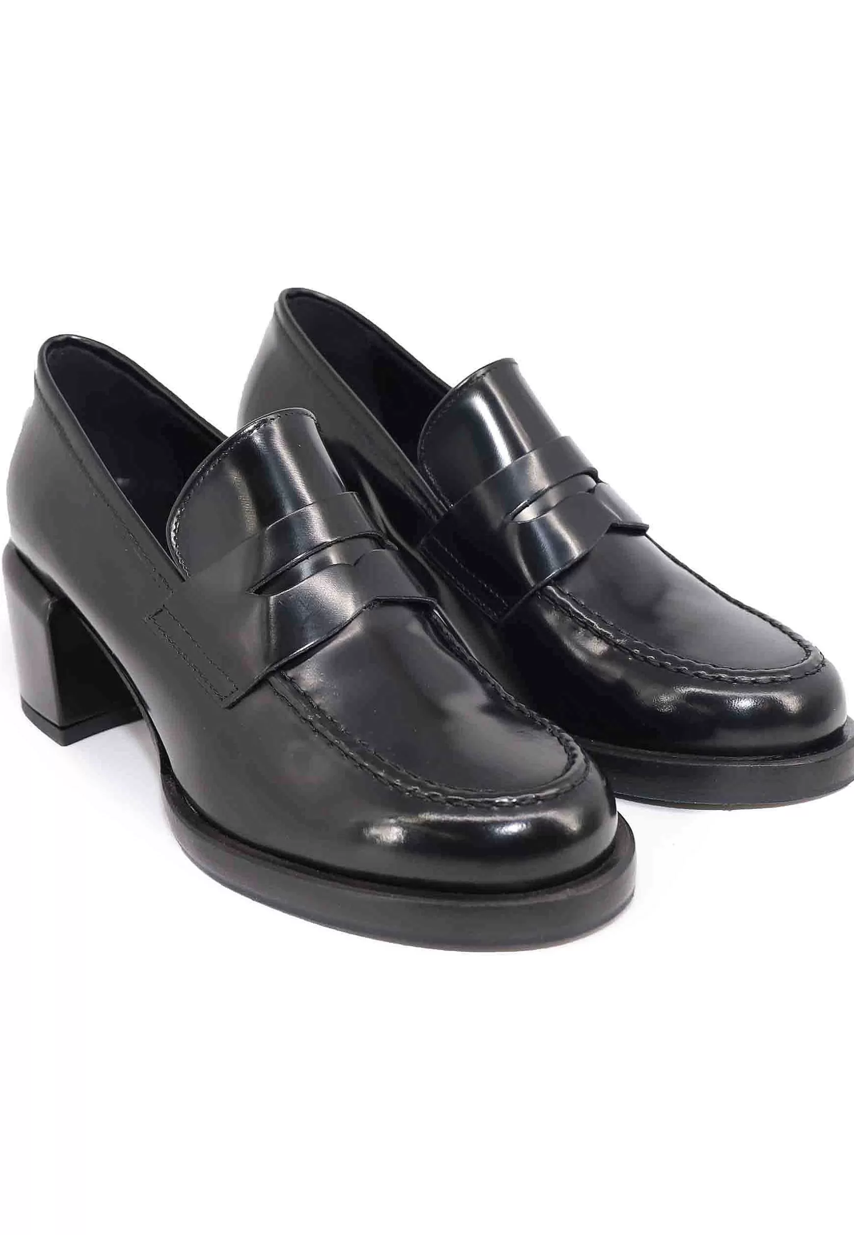 Mocassini Donna In Pelle Nera Con Tacco In Pelle E Punta Tonda*Poesie Veneziane Outlet