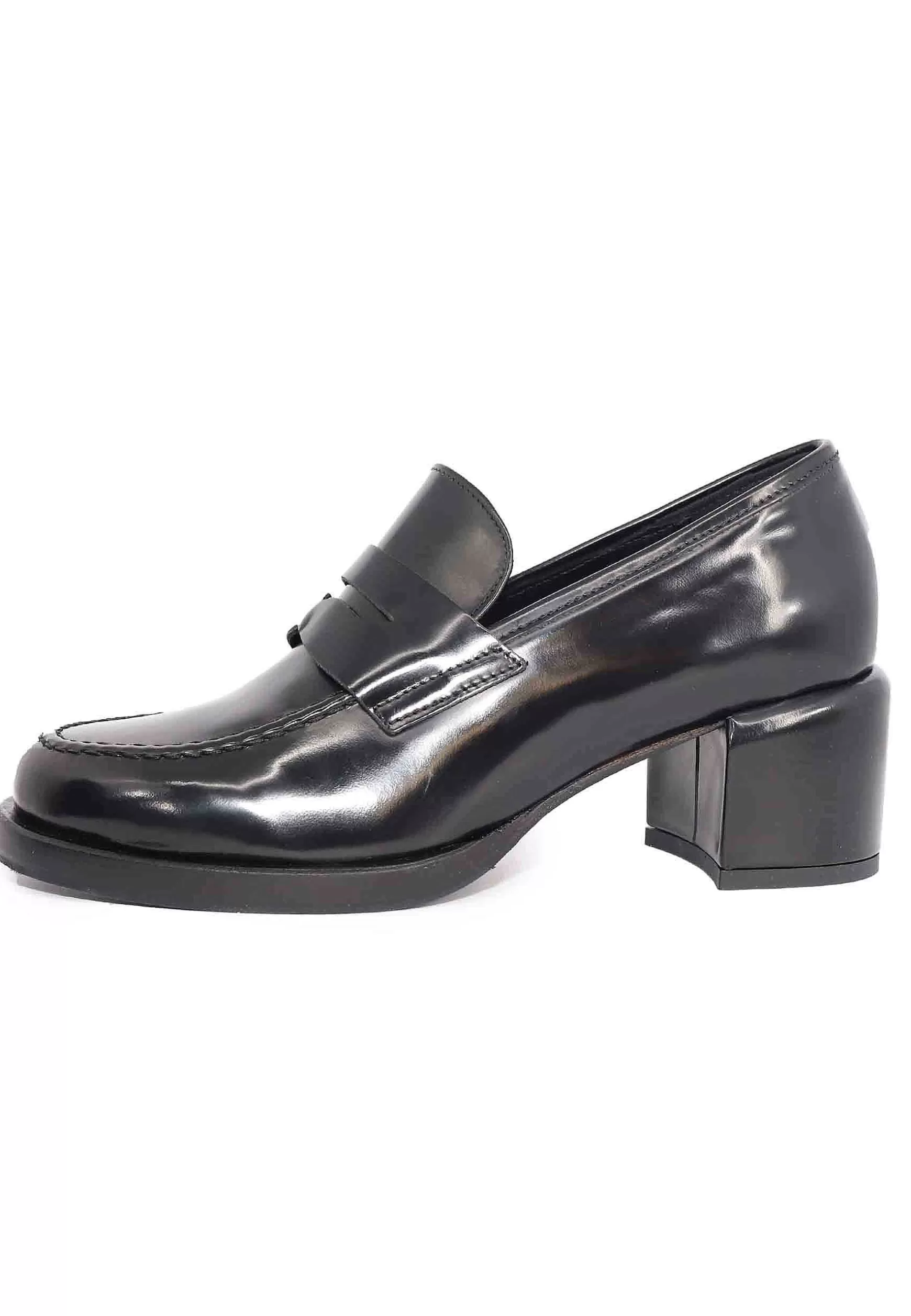 Mocassini Donna In Pelle Nera Con Tacco In Pelle E Punta Tonda*Poesie Veneziane Outlet