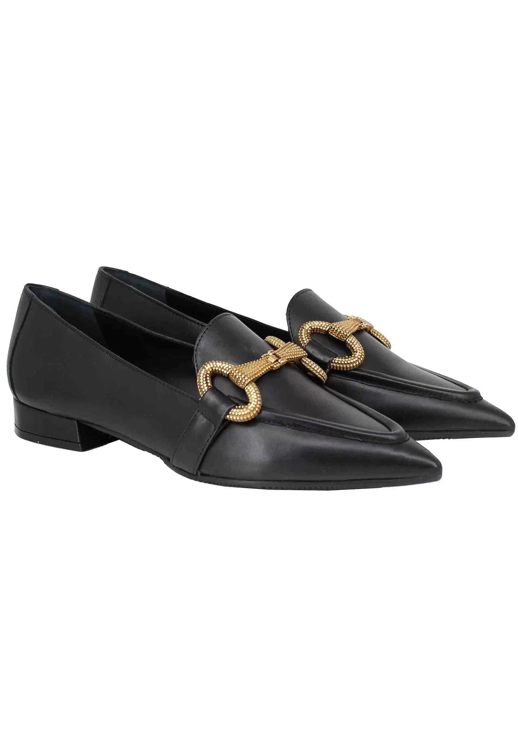 Mocassini Donna In Pelle Nera Tacco Basso Con Morsetto E Punta A Punta** Hot