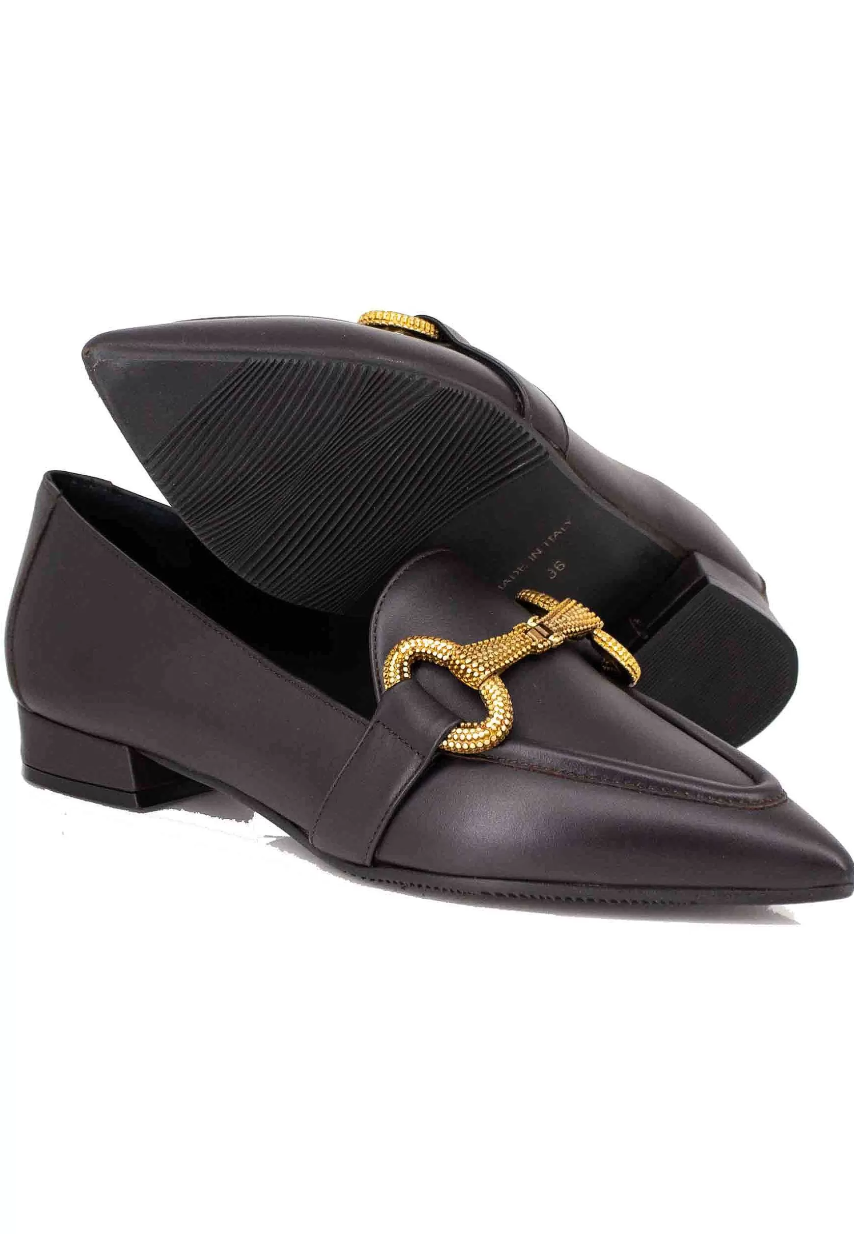 Mocassini Donna In Pelle Testa Di Moro Tacco Basso Con Morsetto E Punta A Punta** Discount