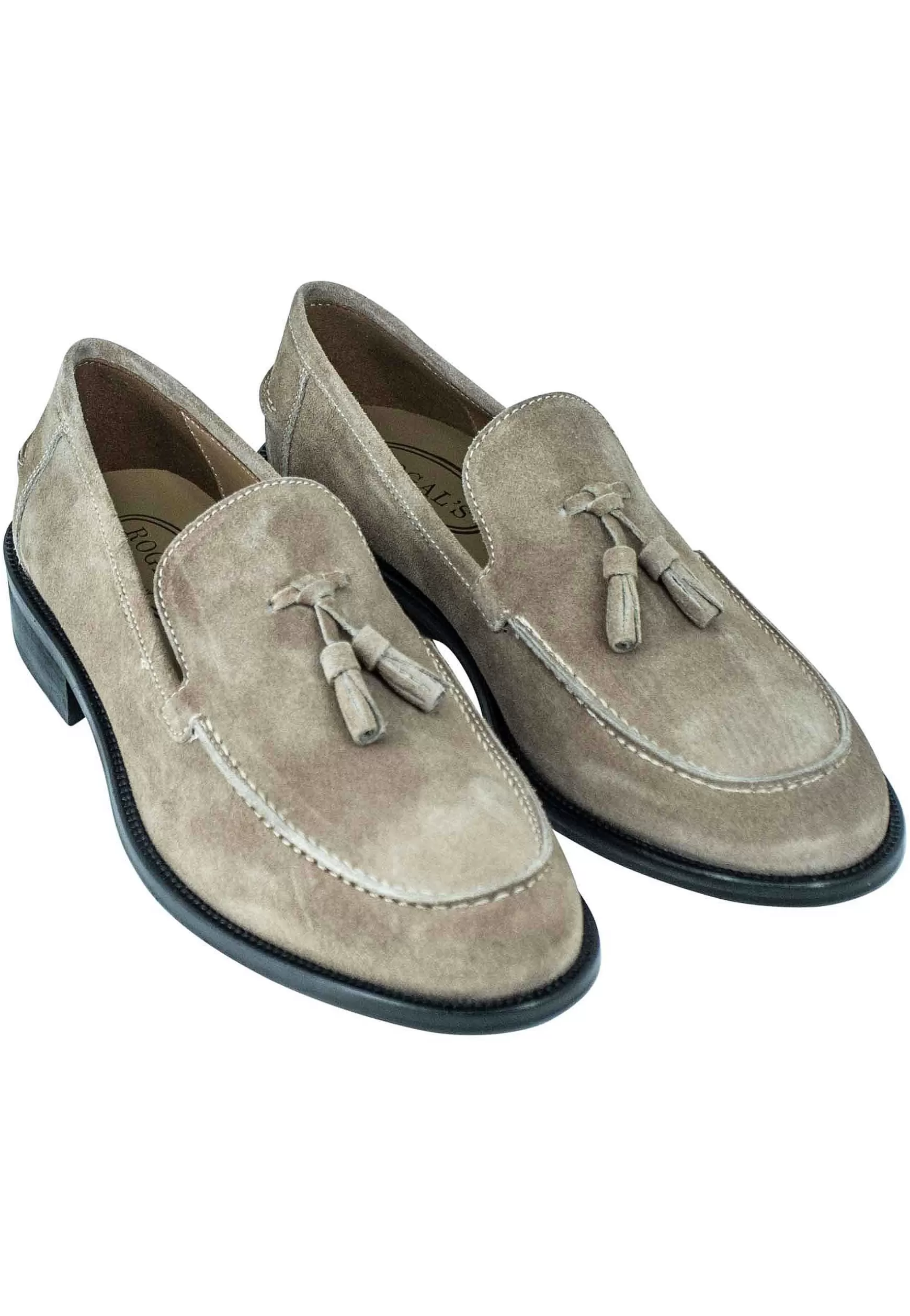 Mocassini Uomo In Camoscio Taupe Con Nappine E Suola In Cuoio Cucita*Rogal Sale