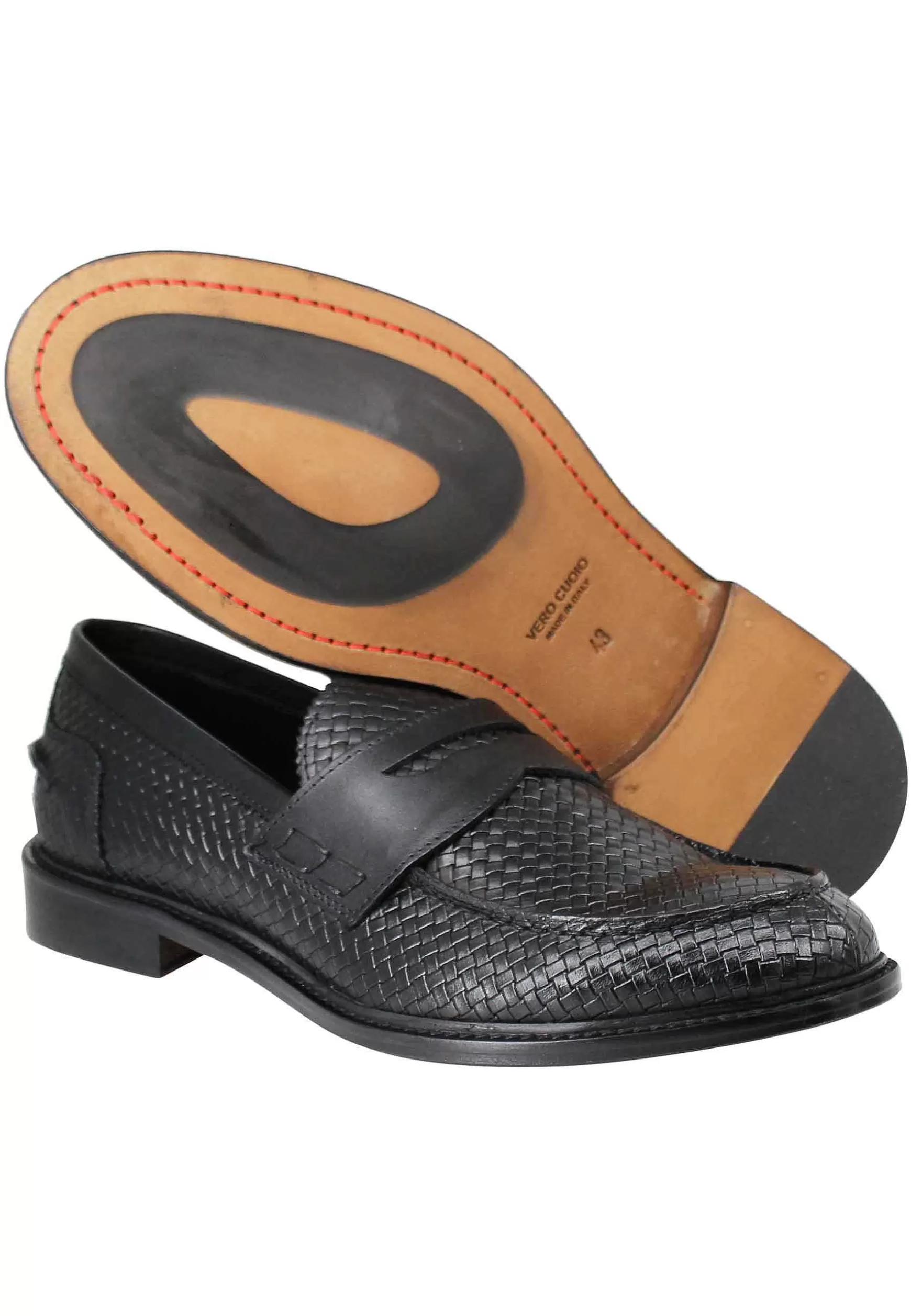 Mocassini Uomo In Pelle Intrecciata Nera Con Suola In Cuoio Cucita** Flash Sale