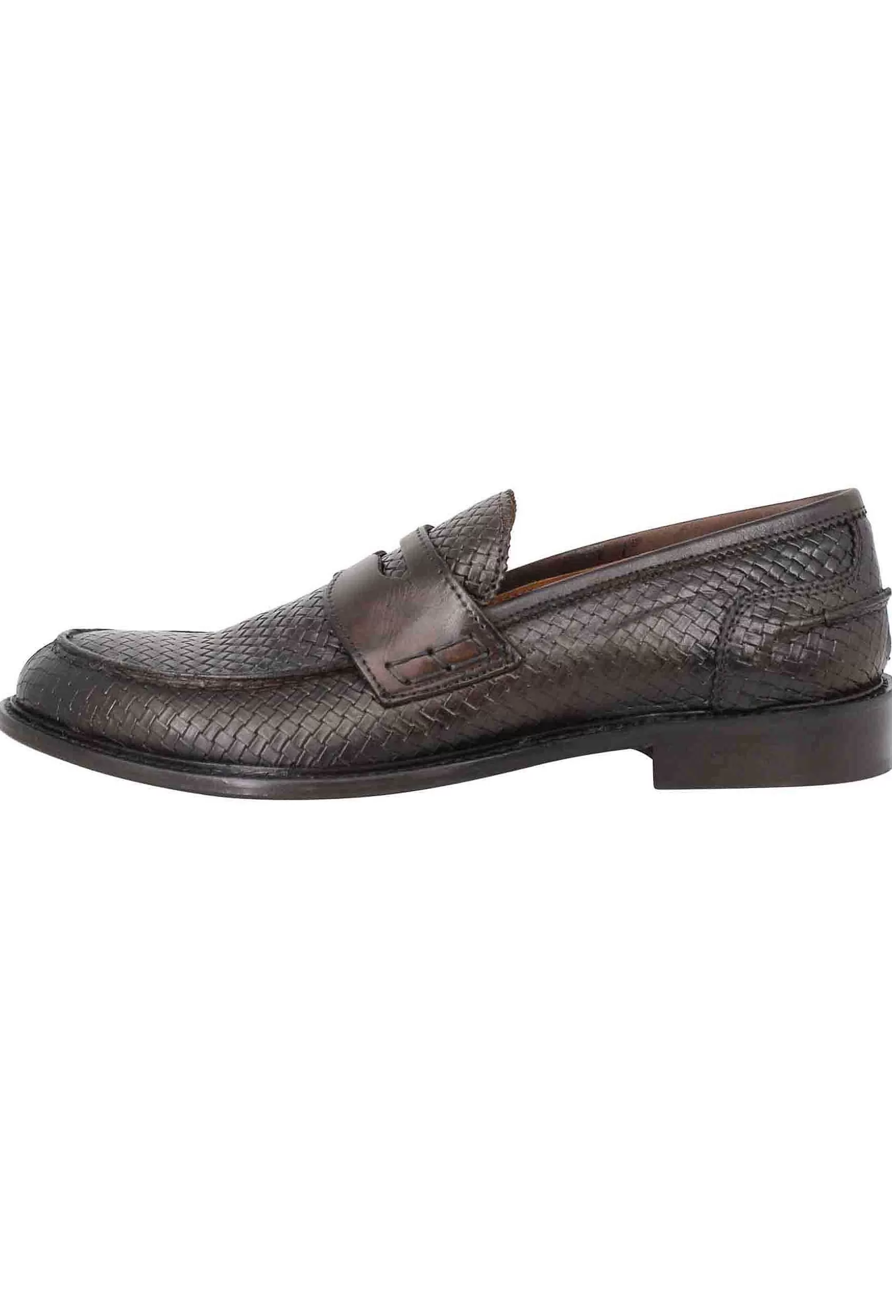Mocassini Uomo In Pelle Intrecciata Testa Di Moro Con Suola In Cuoio Cucita** Discount