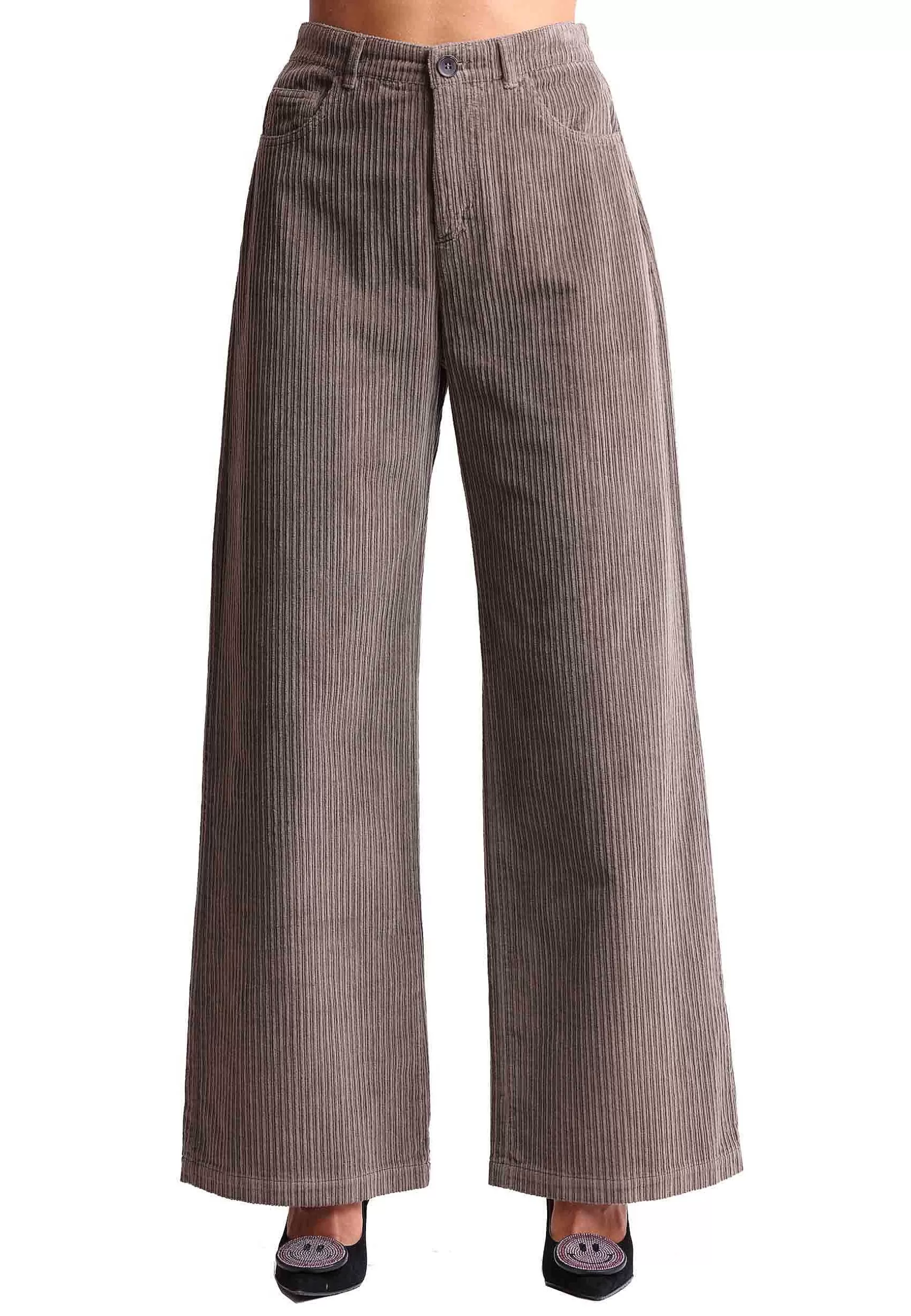 Pantaloni Donna Corduroy In Velluto Grigio Con Gamba Ampia*Maliparmi Store