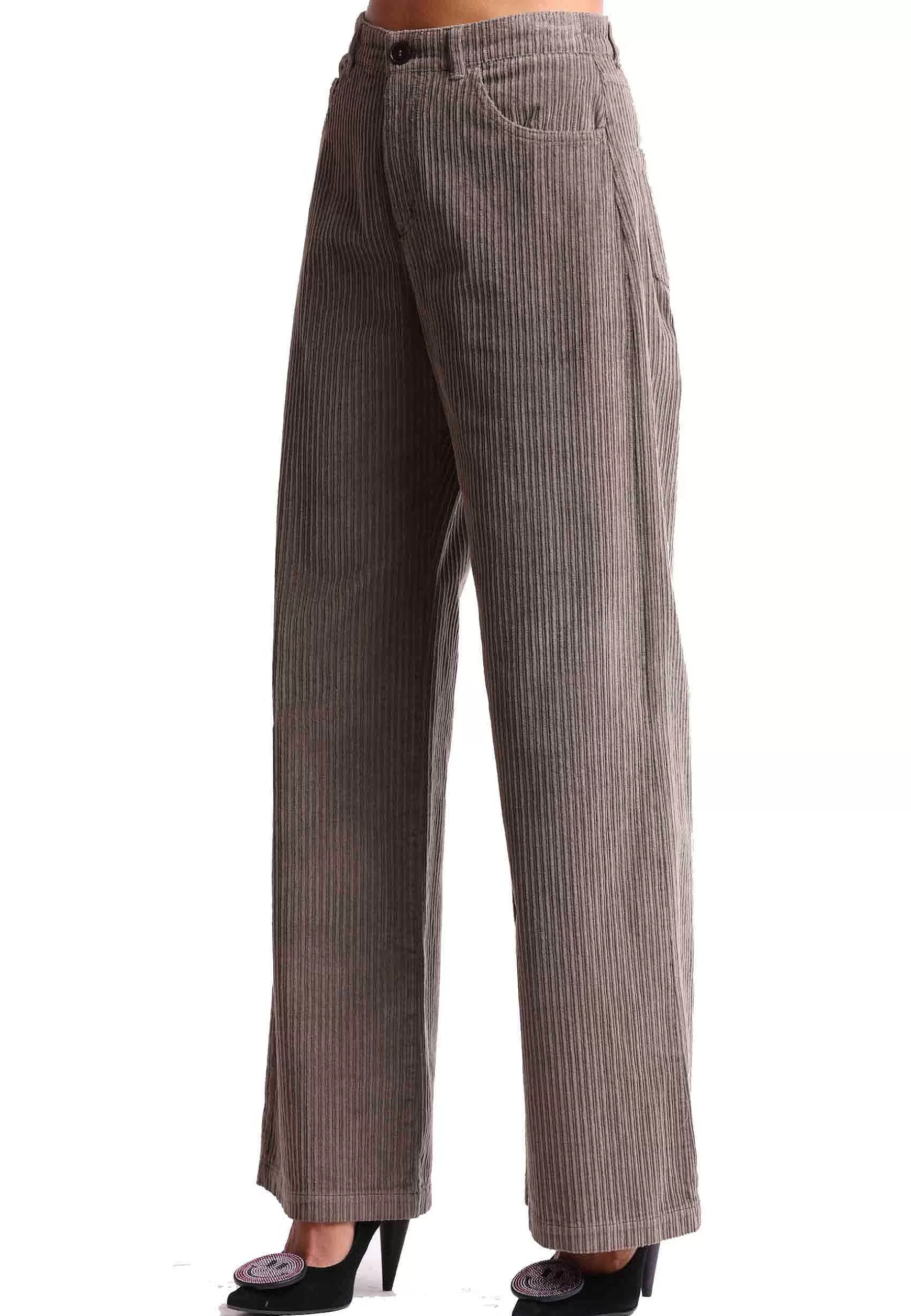 Pantaloni Donna Corduroy In Velluto Grigio Con Gamba Ampia*Maliparmi Store