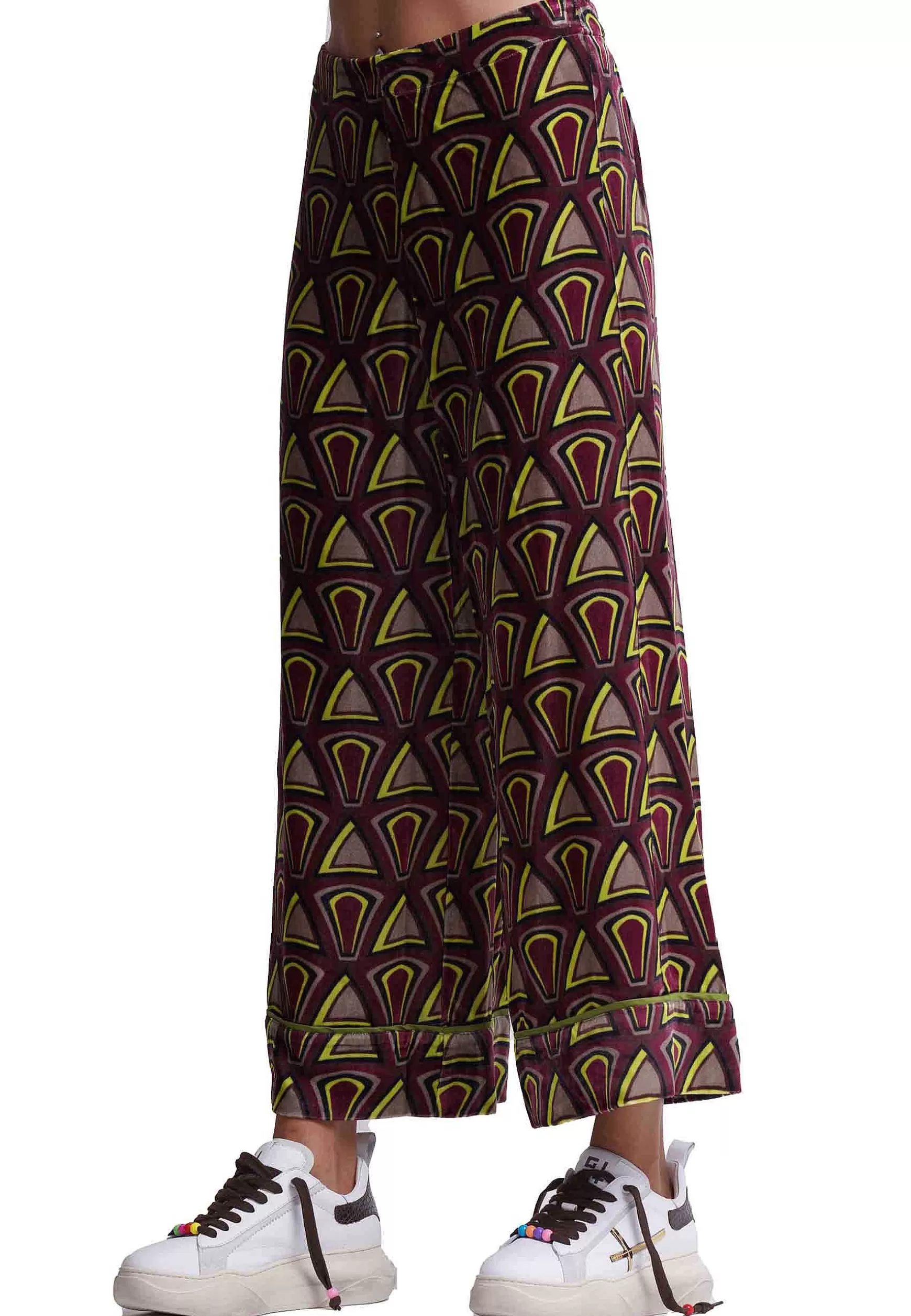 Pantaloni Donna Velvet Print In Velluto Stampato Nero Con Gamba Larga*Maliparmi Clearance
