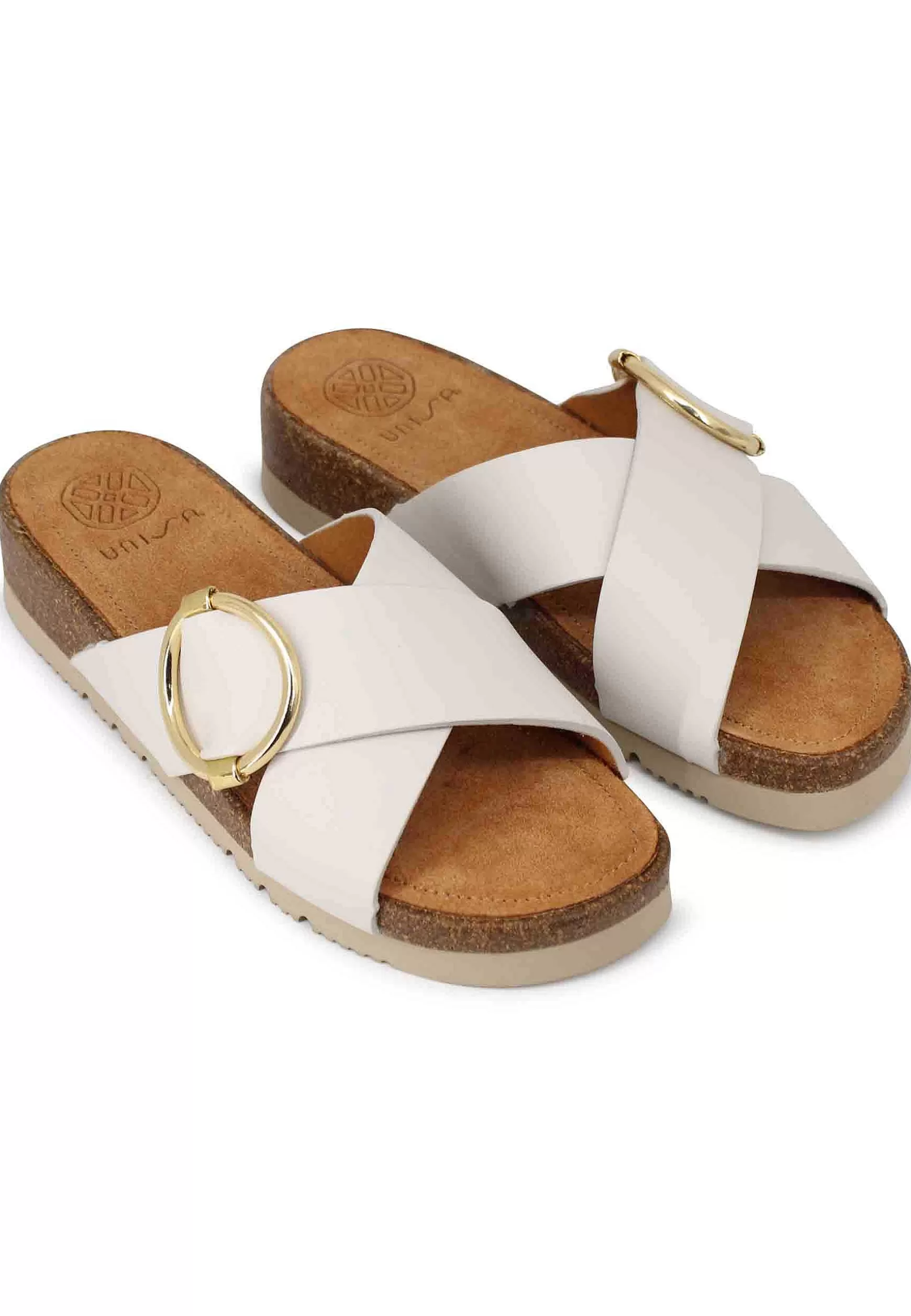 Sandali Bassi Donna In Pelle Avorio Con Fussbett E Fibbia Laterale Oro*Unisa Best